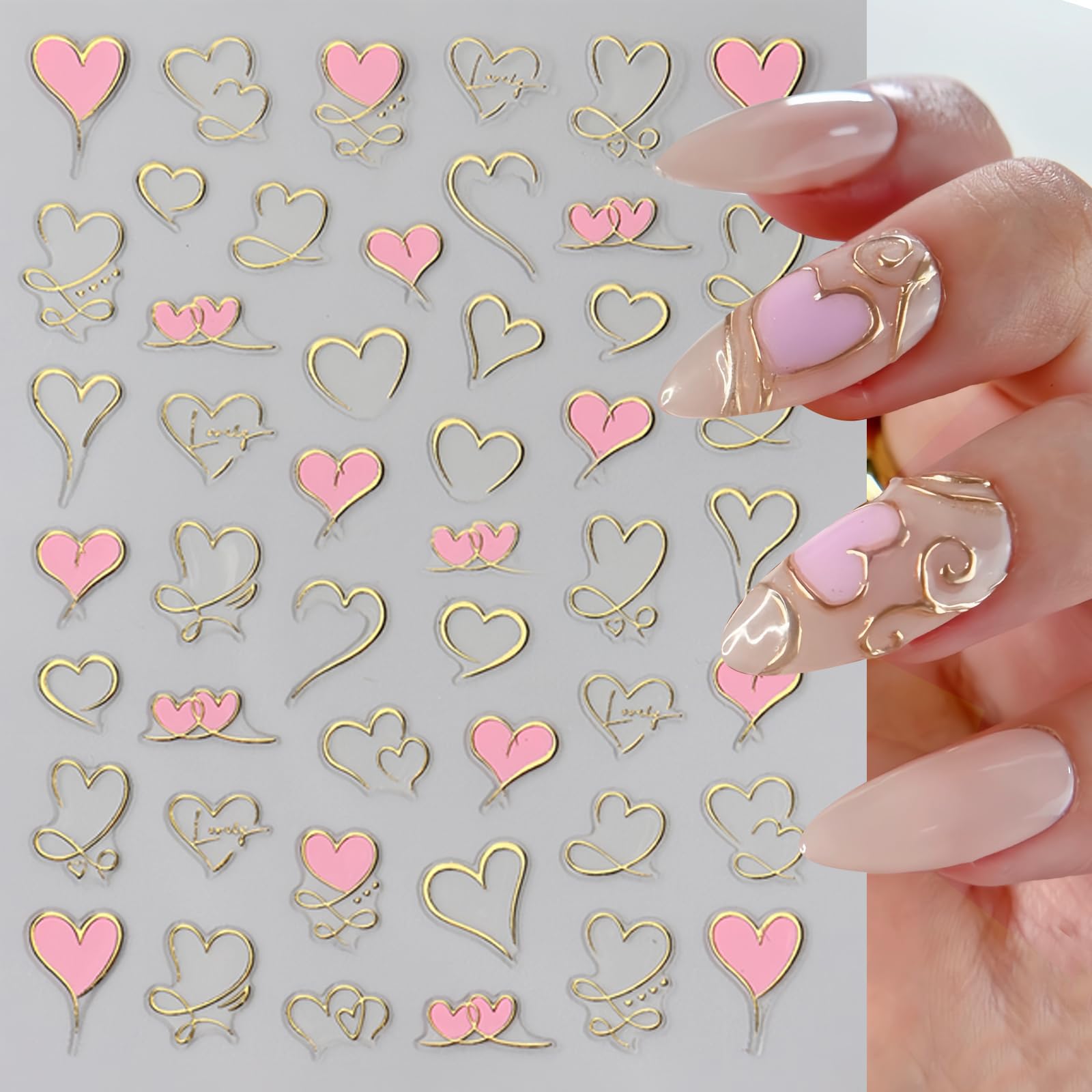 6 Sheets Heart Nail Art Stickers Love Hearts Nail Decals 3D Self Adhesive Pink Purple Red Heart Nail Design Stickers Valentine'S