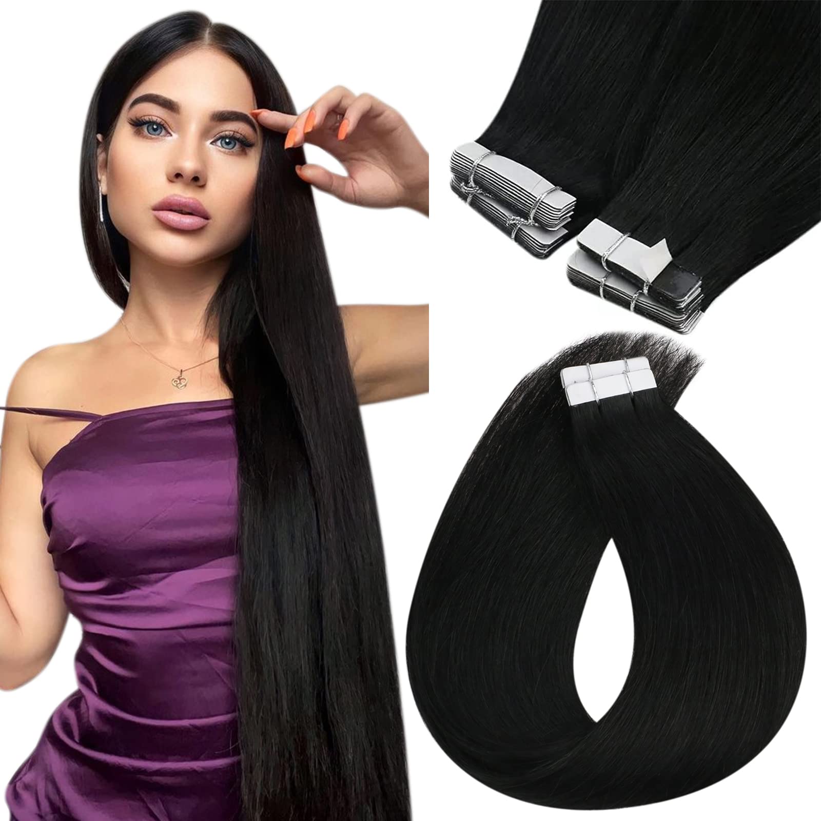 Sunny Hair Tape In Extensions Black 26Inch Tape In Hair Extensions Human Hair Jet Black Tape In Human Hair Extensions Black Hair