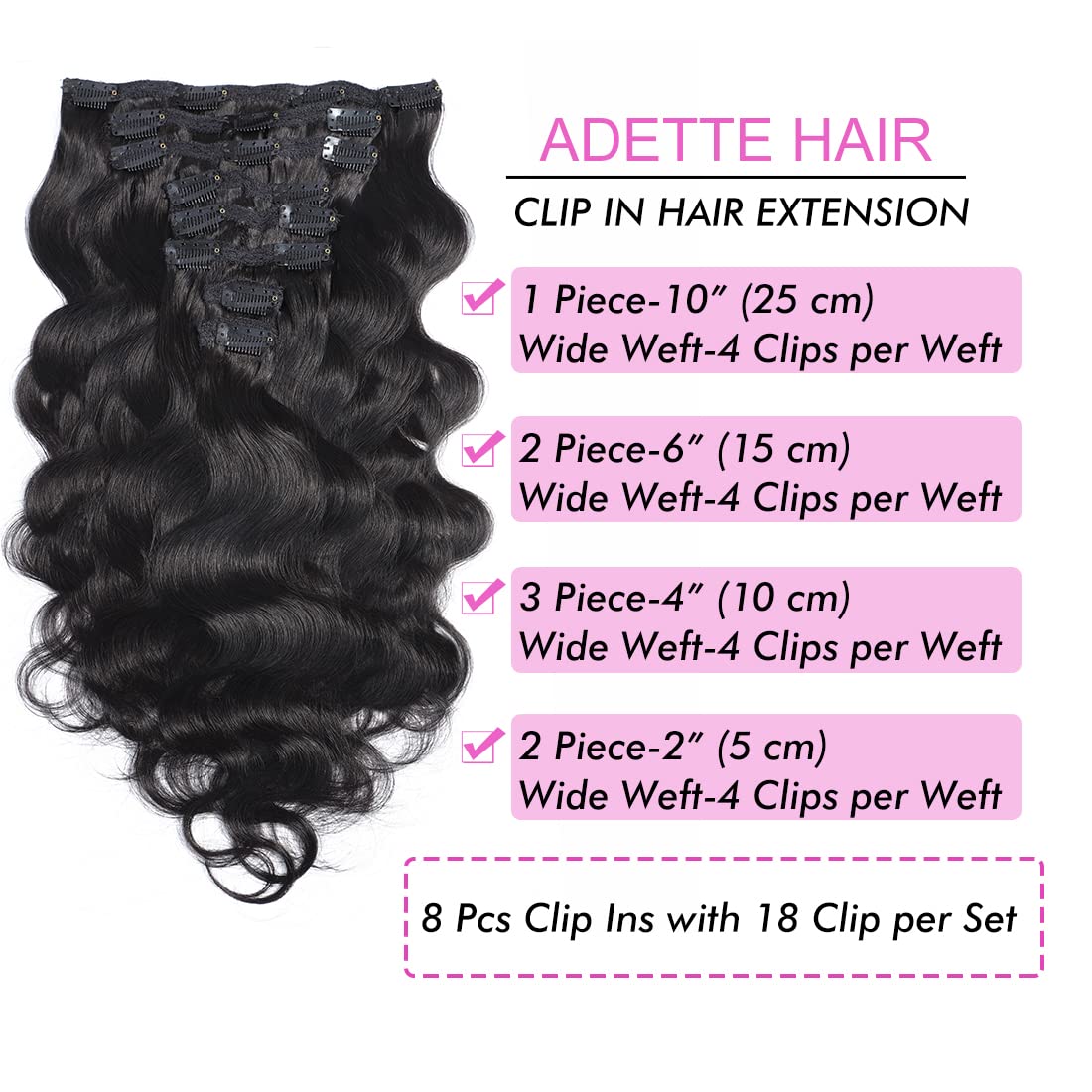 Human Hair Clip In Hair Extensions Body Wave for Black Women 18 Inch 10A Grade Unprocessed Soft Silky Human Hair Natural Black 1