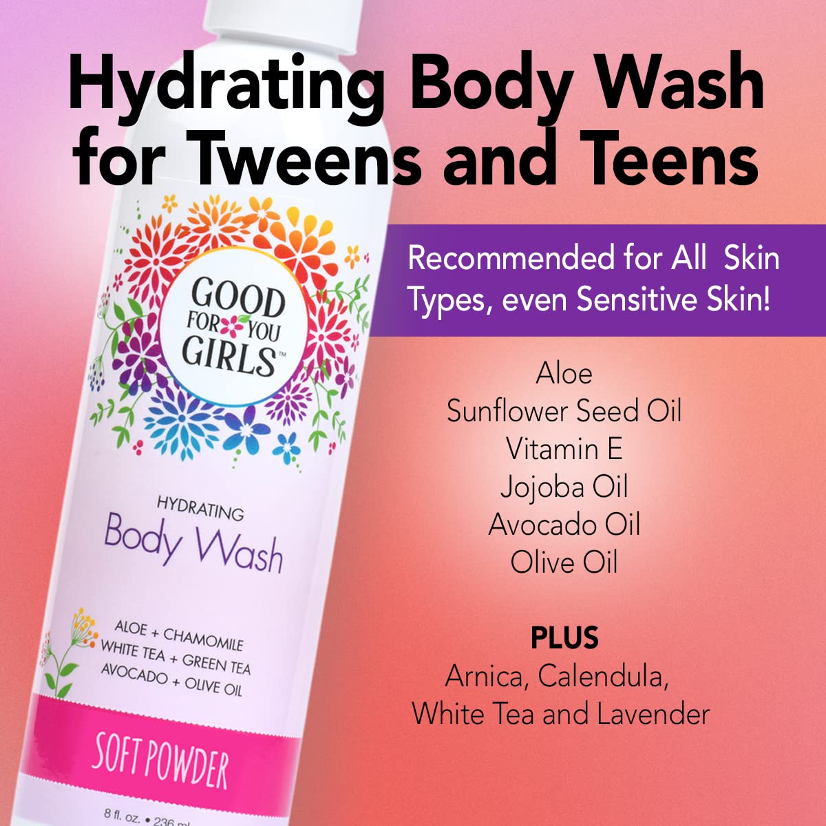 Good For You Girls Natural Body Wash With Aloe, Avocado & Jojoba Oils,Shower Gel Body Wash For Girls To Adults, Vegan And Parabe