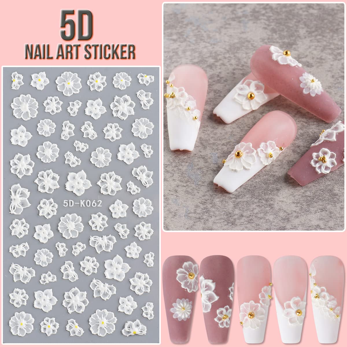 Kingmas 5D Flower Nail Art Sticker Decals Hollow Exquisite Pattern Nail Art Supplies Self-Adhesive Luxurious Diy Nail Art Decora