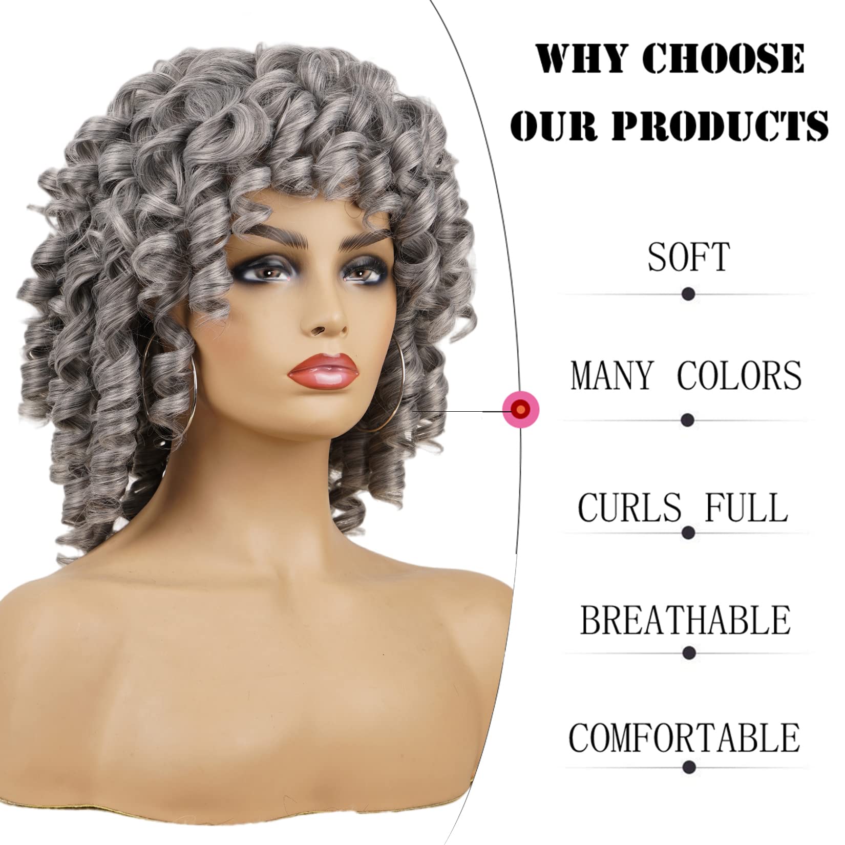 Andromeda Gray Short Curly Wig For Black Women, 14-Inch, Synthetic Fiber, Adjustable Cap, Heat Resistant