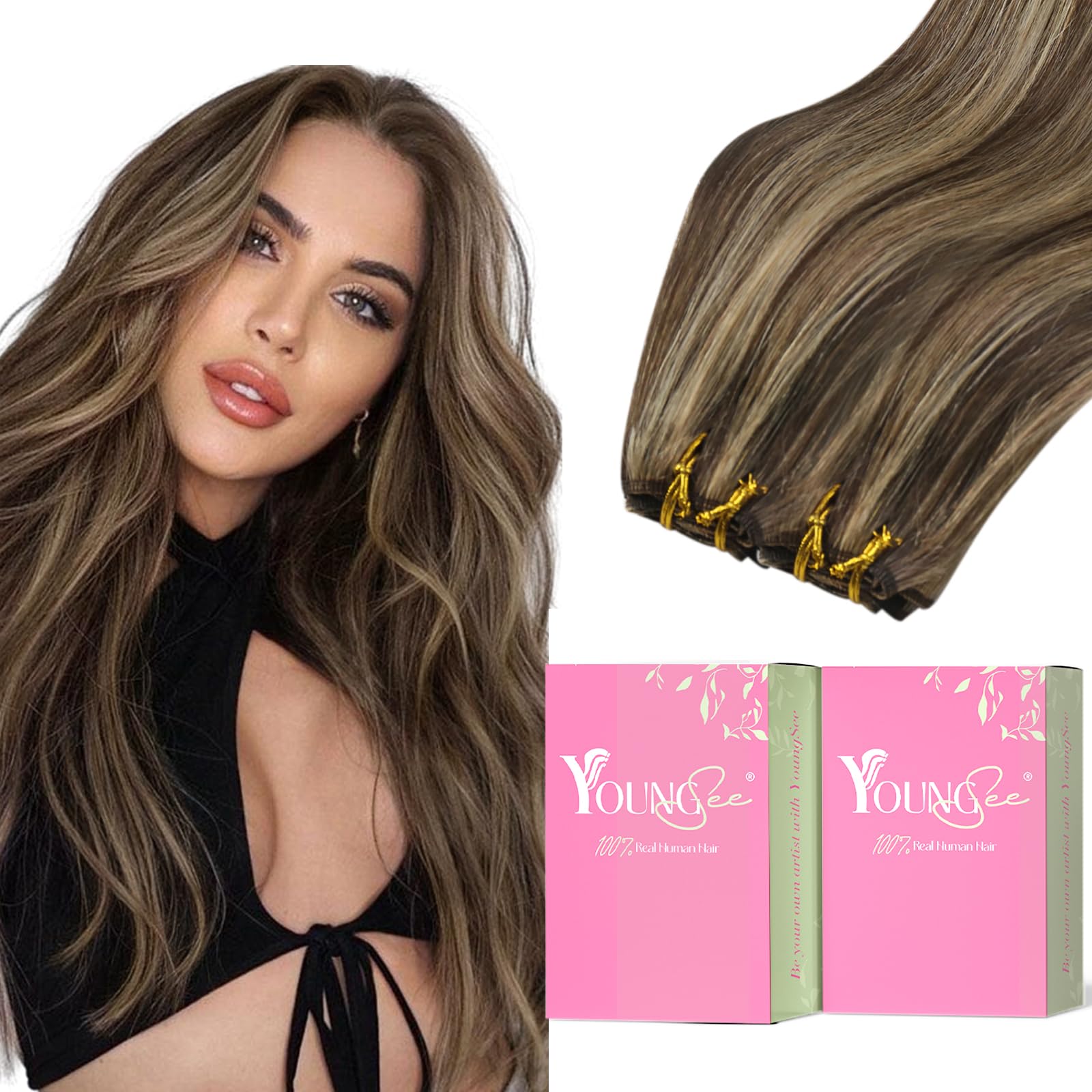 YoungSee Sew in Hair Extensions Brown Highlight Straight Weft Extensions Human Hair Dark Brown Mix Caramel Blonde Weft Hair Exte