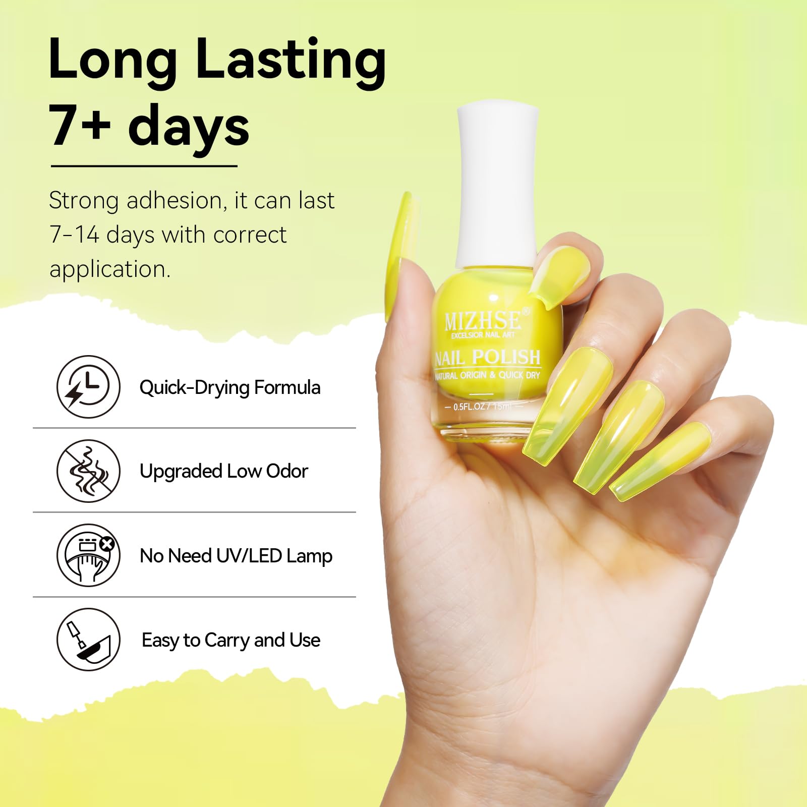 Mizhse Quick Dry Nail Polish: Neon Yellow Fall Nail Polish Air Dry Fast, 15Ml/0.5 Fl Oz Regular Water-Based Nail Lacquer Non-Gel