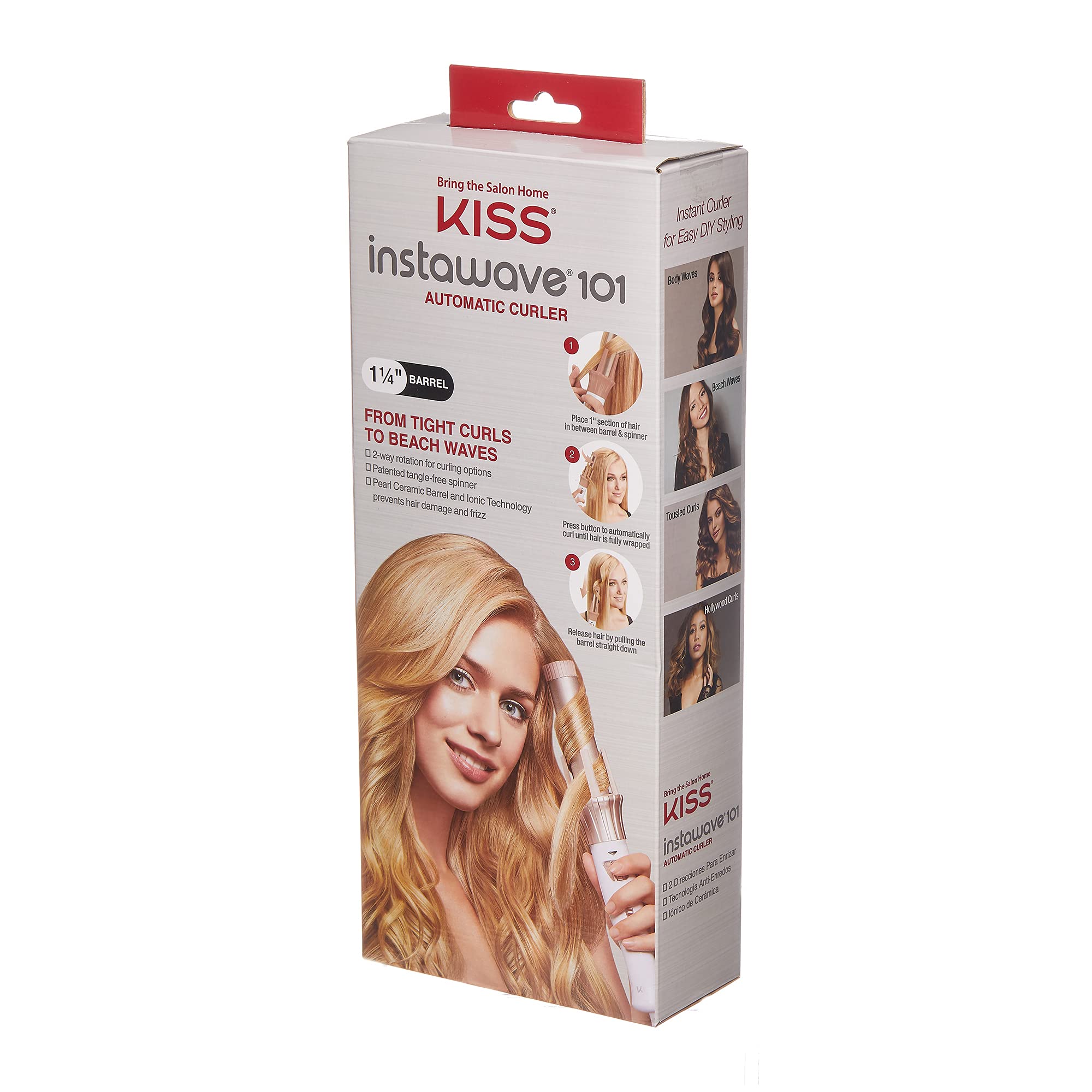 KISS Instawave 101 Automatic Rotating Curling Iron, 1.25 Inch Pearl Ceramic Tourmaline Barrel Heats Up to 400, 2 Directional Spi