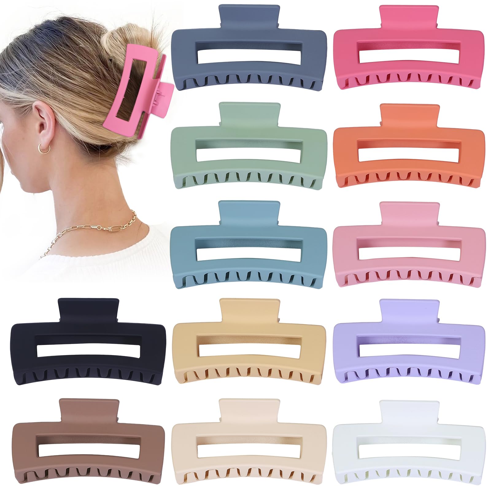Sisiaipu 4.1 Inch Jumbo Hair Clips - 12 Pcs Colorful Square Jaw Clips for Thick Hair, Women and Girls Hair Accessories