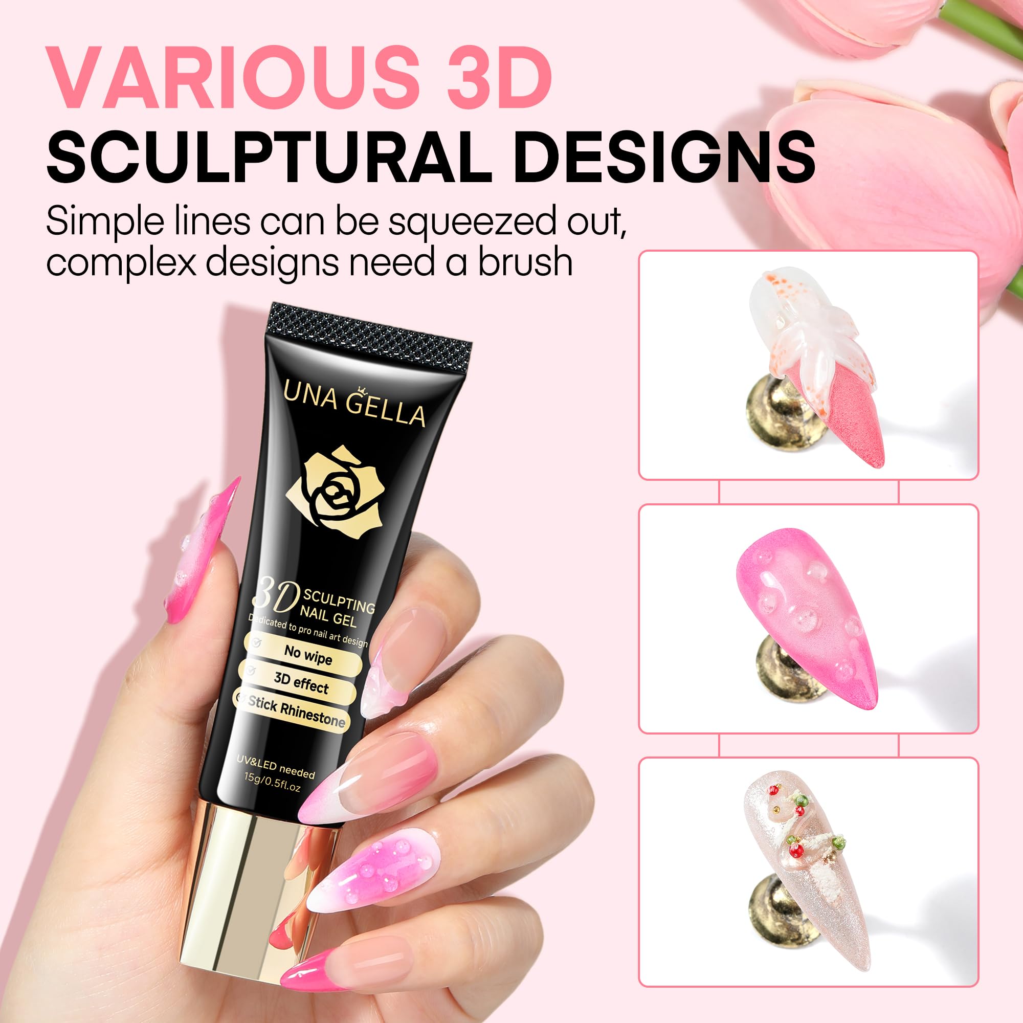 Una Gella 3D Gel Nail Art, Sculpting Gel Nail Glue 15G For Nail Tips, Chrome Nail Powder And Nail Charms, 4 In 1 No Wipe Clear G