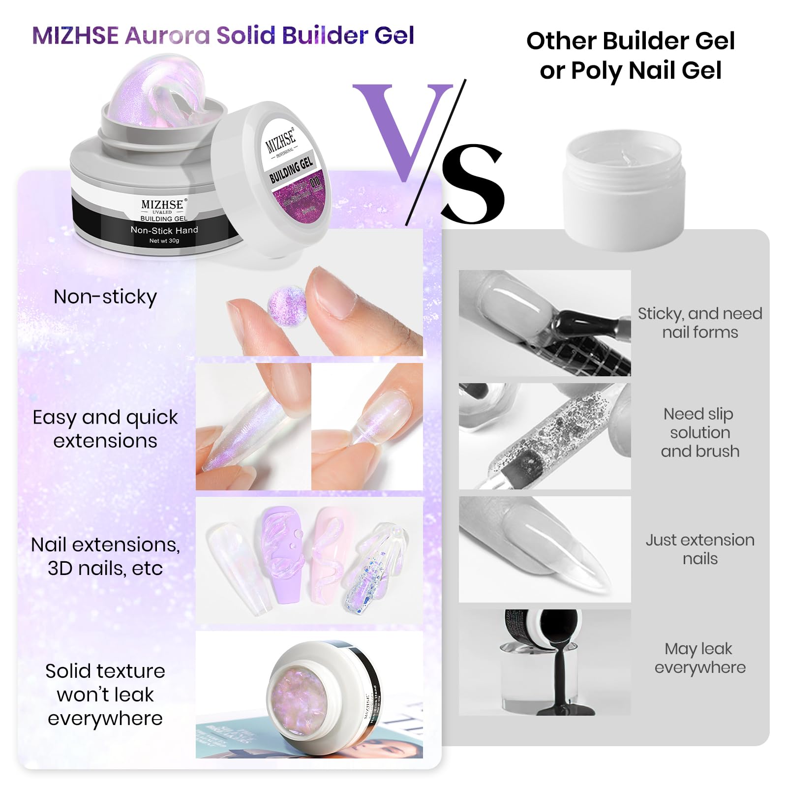 Mizhse Solid Builder Gel For Nails - 30G/1Oz Purple Mermaid Hard Gel For Nails 3D Nail Gel With Nail Forms 3D Sculpting Pen Soak