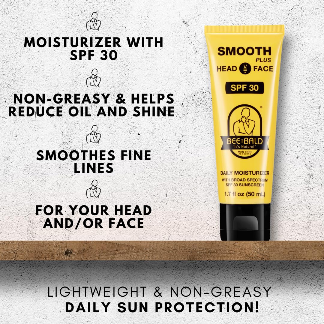 Bee Bald SMOOTH PLUS Head & Face Moisturizer SPF 30, 1.7 Fl Oz - Hydrating Sunscreen Lotion Protects Against UVA/UVB Rays