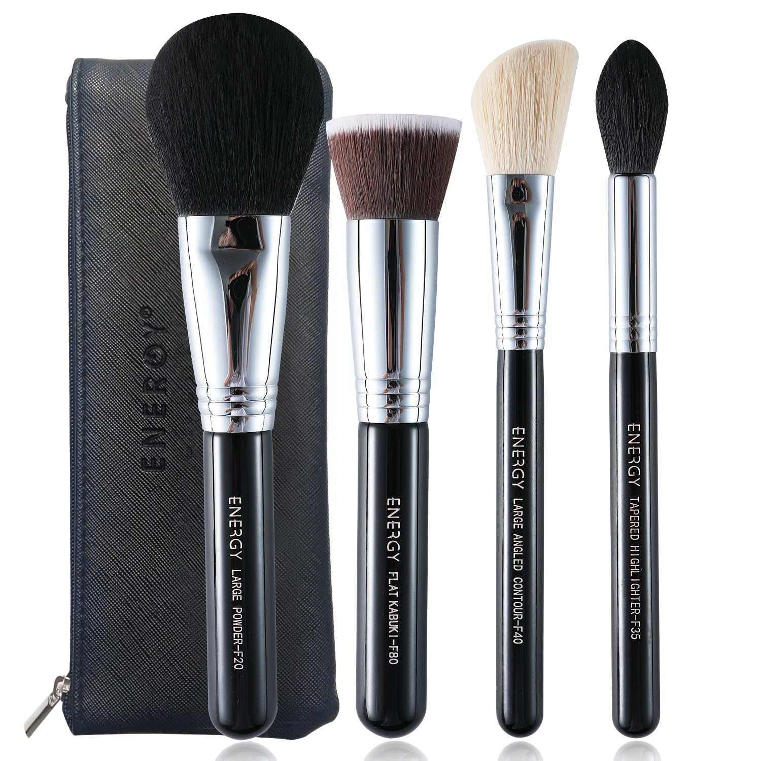 Energy Makeup Brush Set 4Pcs Premium Synthetic Powder Foundation Blush Contour Bronzer Highlighter Makeup Brushes With Black Pu