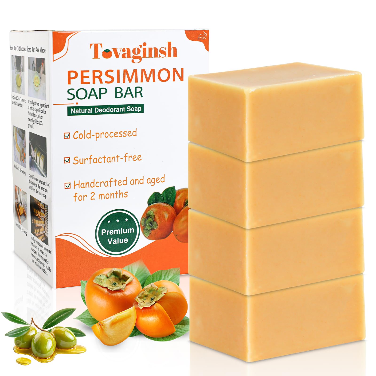 tovaginsh 4 PCS Handmade Persimmon Soap Bar for Body Odor Control, Cold Process Persimmon Body Wash Soap for Old People Smell El