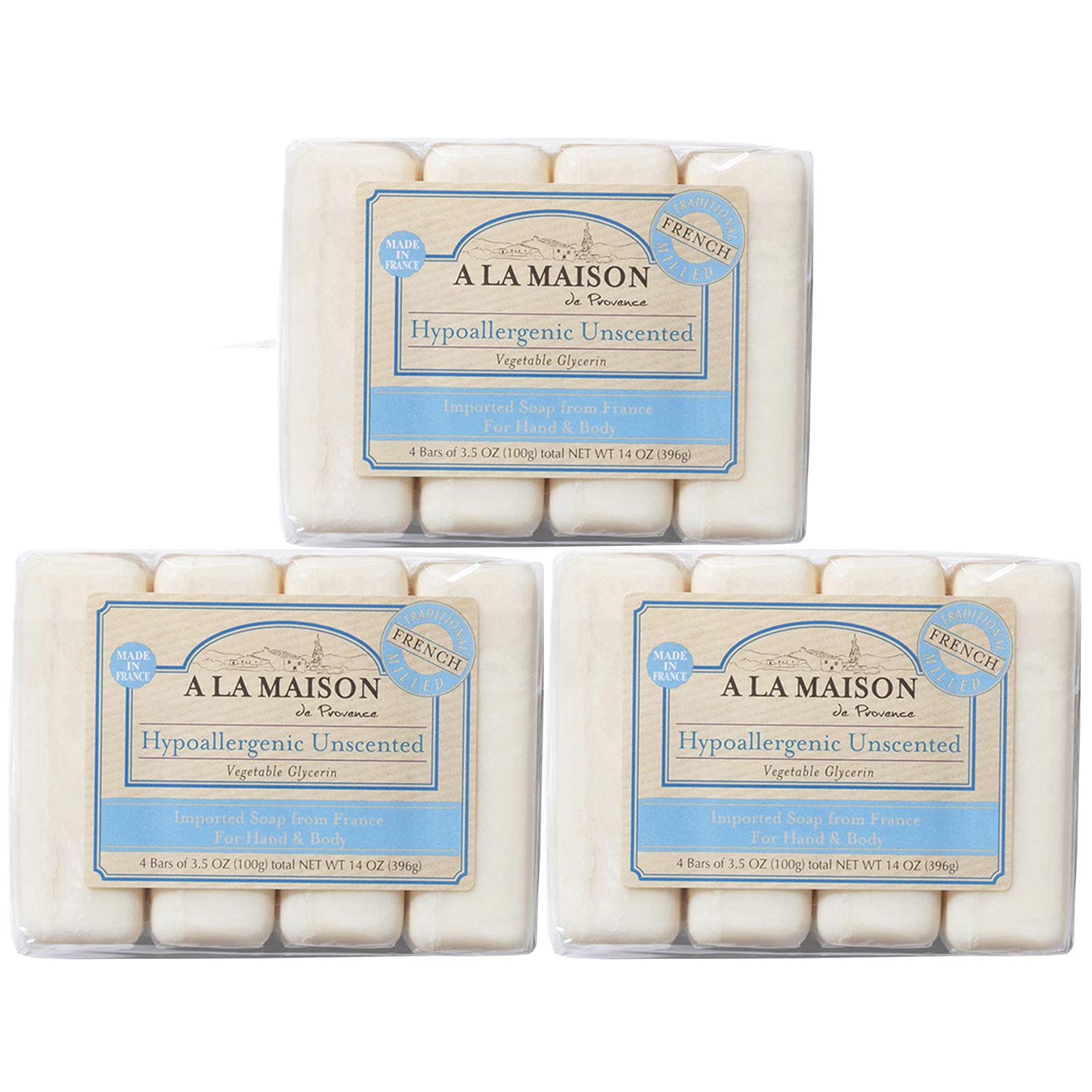 A LA MAISON Hypoallergenic Unscented Bar Soap - Triple French Milled Natural Moisturizing Hand Soap Bar (12 Bars of Soap, 3.5 oz