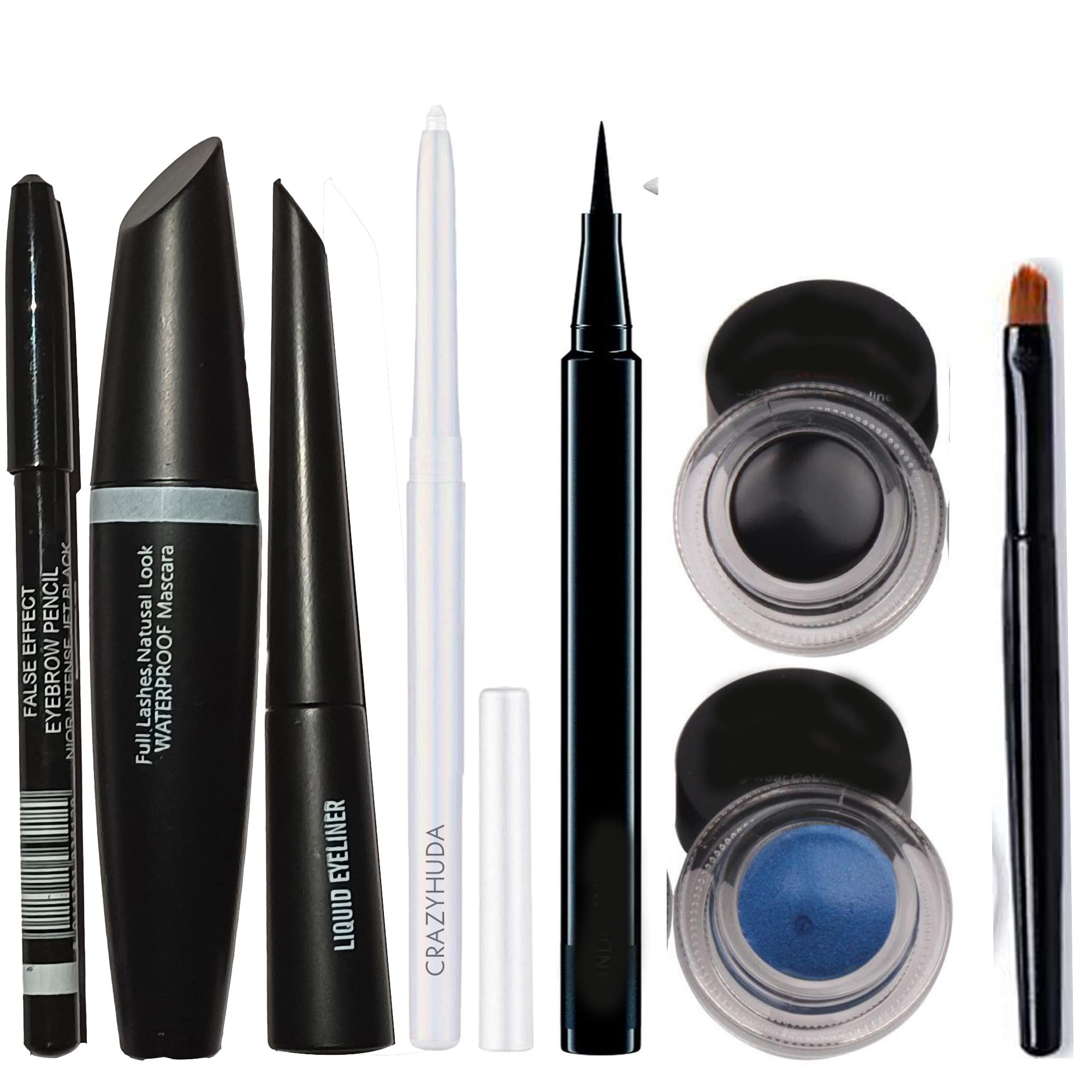 Crazy Huda Waterproof Liquid Mascara, Eyeliner, Eyebrow Pencil Gel Eyeliner Black & Blue With Long Lasting Kajal White Sketch Pe
