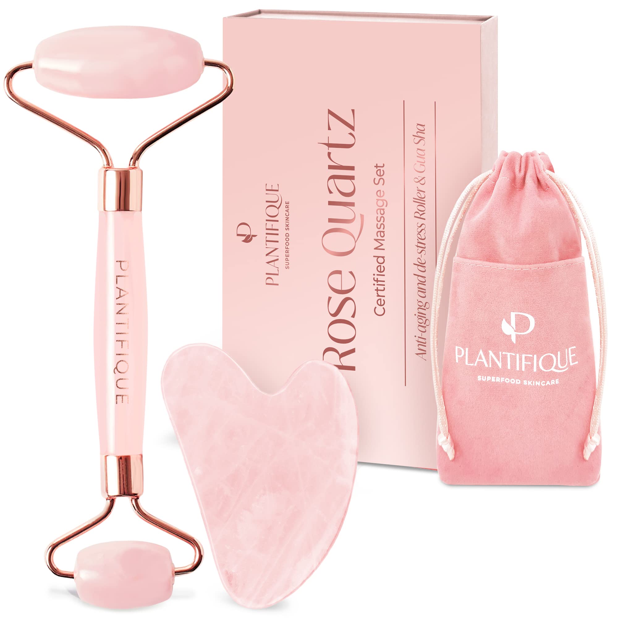 Rose Quartz Face Roller and Rose Quartz gua Sha Set - certified Rose Quartz Roller and gua Sha Set - Face Rollers for Women for