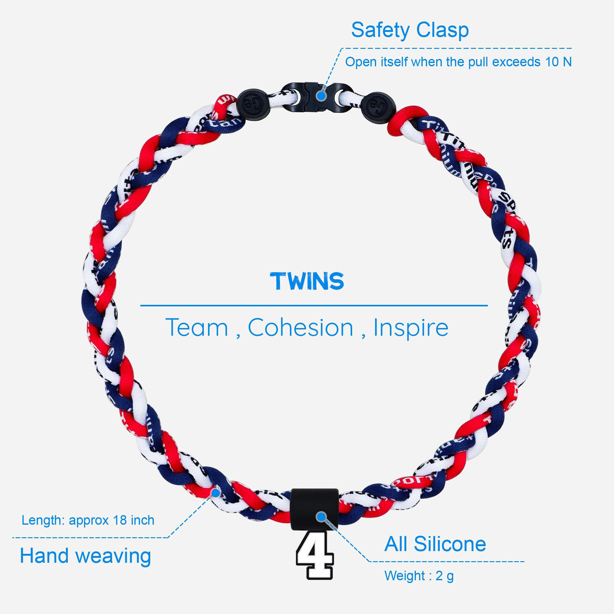 SUPBOMM Baseball Rope Necklaces, League Team Colors Braided Necklace with Number Pendant, Baseball Team Gifts, Twins, No. 4