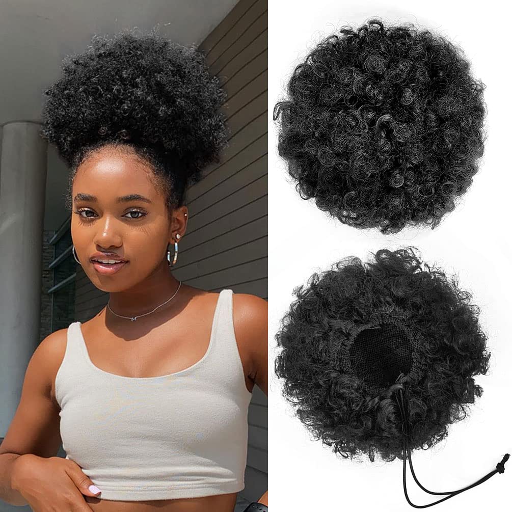YEAME Afro Puff Drawstring Ponytail for Black Women, Short Kinky Curly Afro Ponytail Synthetic Hair Puffs, Premium Black Afro Bu
