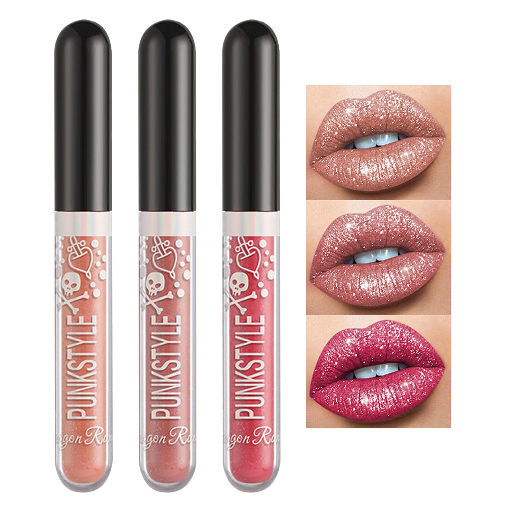 Qiufsse 3 Pcs Glitter Liquid Lipstick Set Red Pink Lip Gloss Kit For Women Gothic Glitter Lip Kit For Halloween Makeup,Costume P