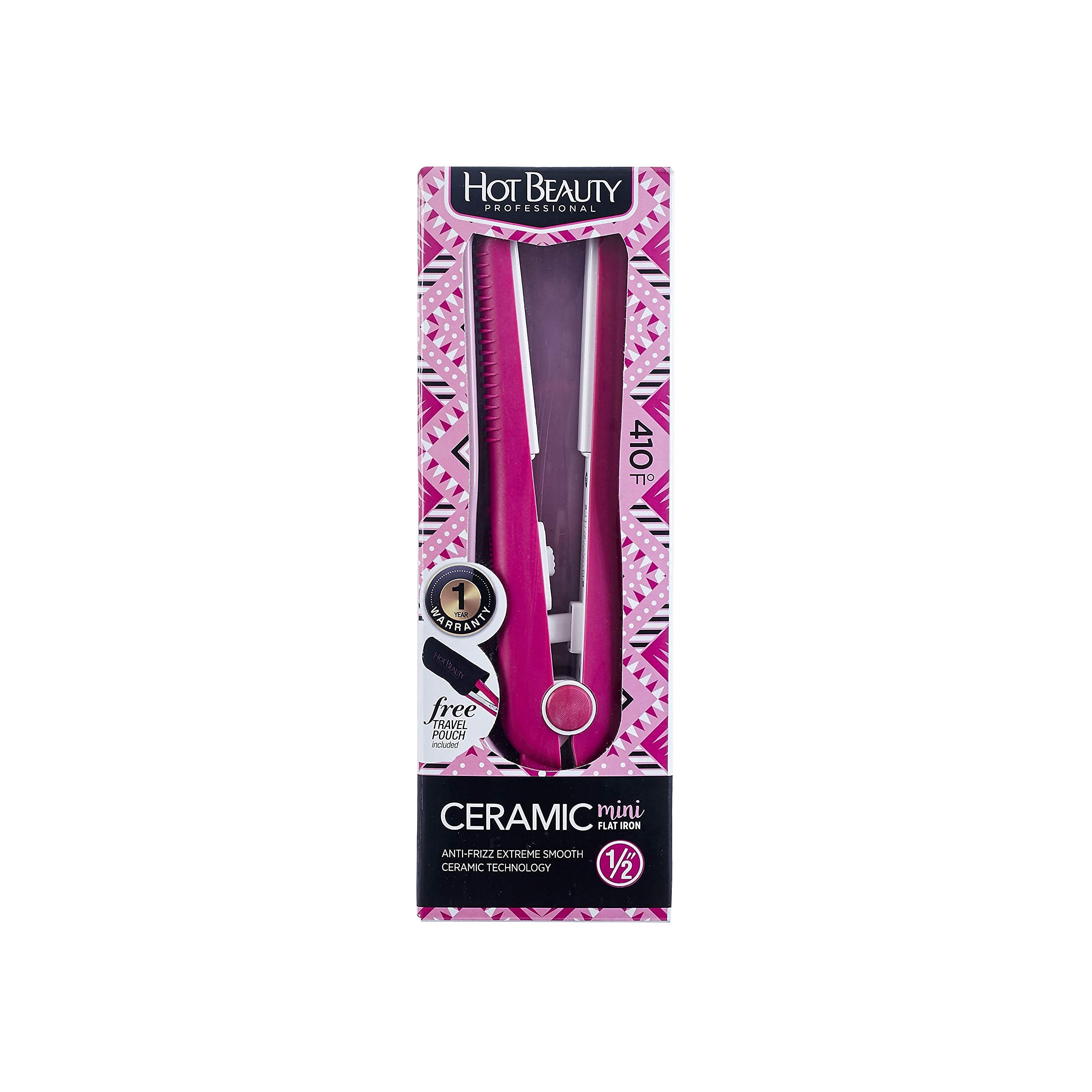 Hot Beauty Professional Ceramic Mini Flat Iron 1/2'' Anti-Frizz Extreme Smooth (Pink) Travel Pouch Included