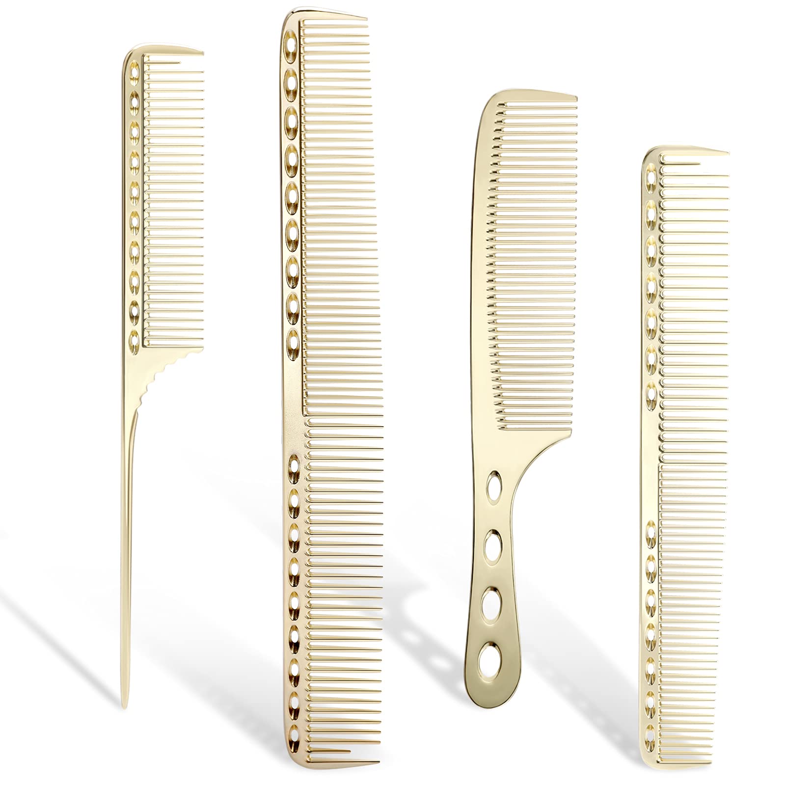Barber Comb 4Type Aluminum Metal Combs for Cutting Comb Hair Hairdressing Tail Comb (Golden)
