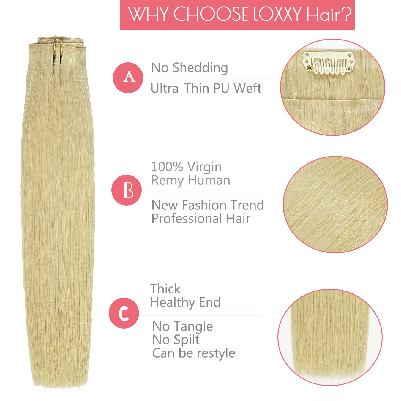 Loxxy Blonde Seamless Clip In Hair Extensions Real Remy Human Hair 20Inch With Invisible Pu Skin Weft Invisible Light Bleach Blo