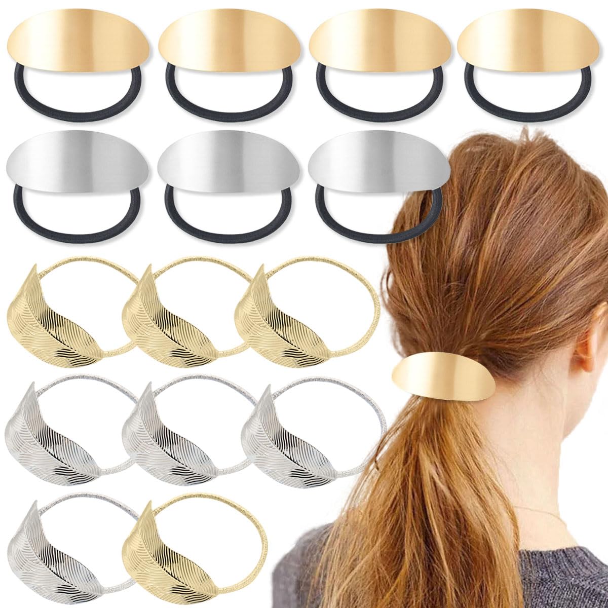 12 PCS Metal Ponytail Holders - Elastic Gothic Punk Leaf Glossy Ellipse Hair Accessories for Women and Girls