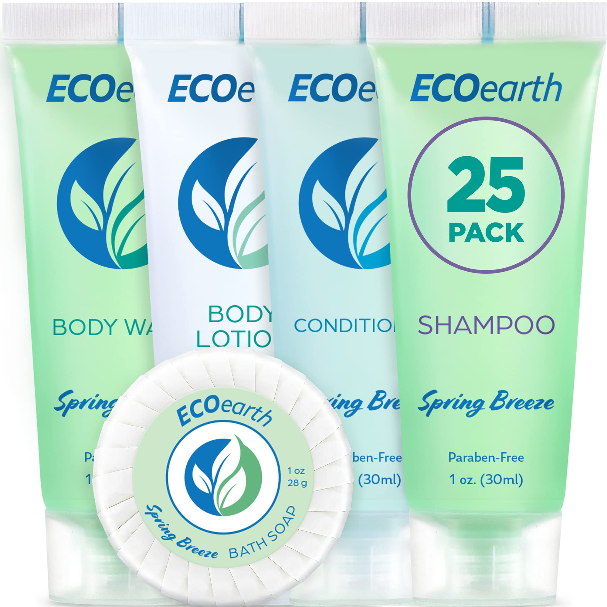 Ecoearth Hotel Toiletries Bundle (Spring Breeze, 1 Oz Each, 125 Pieces) 5-Piece Set: 25 Each Round Bar Soap, Shampoo, Conditione