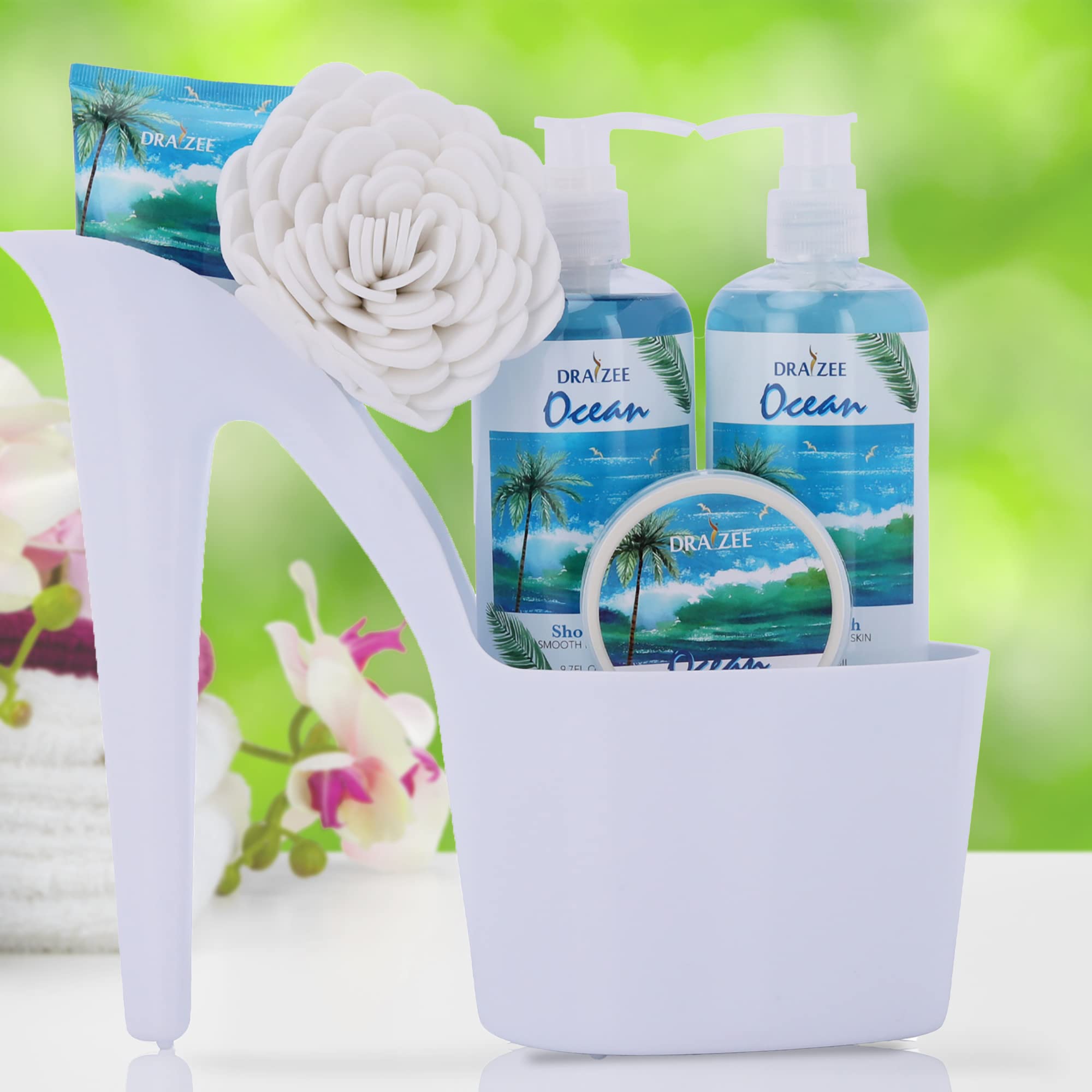 Spa Gift For Women - 5 Pcs Luxury Heel Shoe Spa Basket For Women Ocean Scent Home Relaxation Set W/ Body Lotion & Butter, Shower