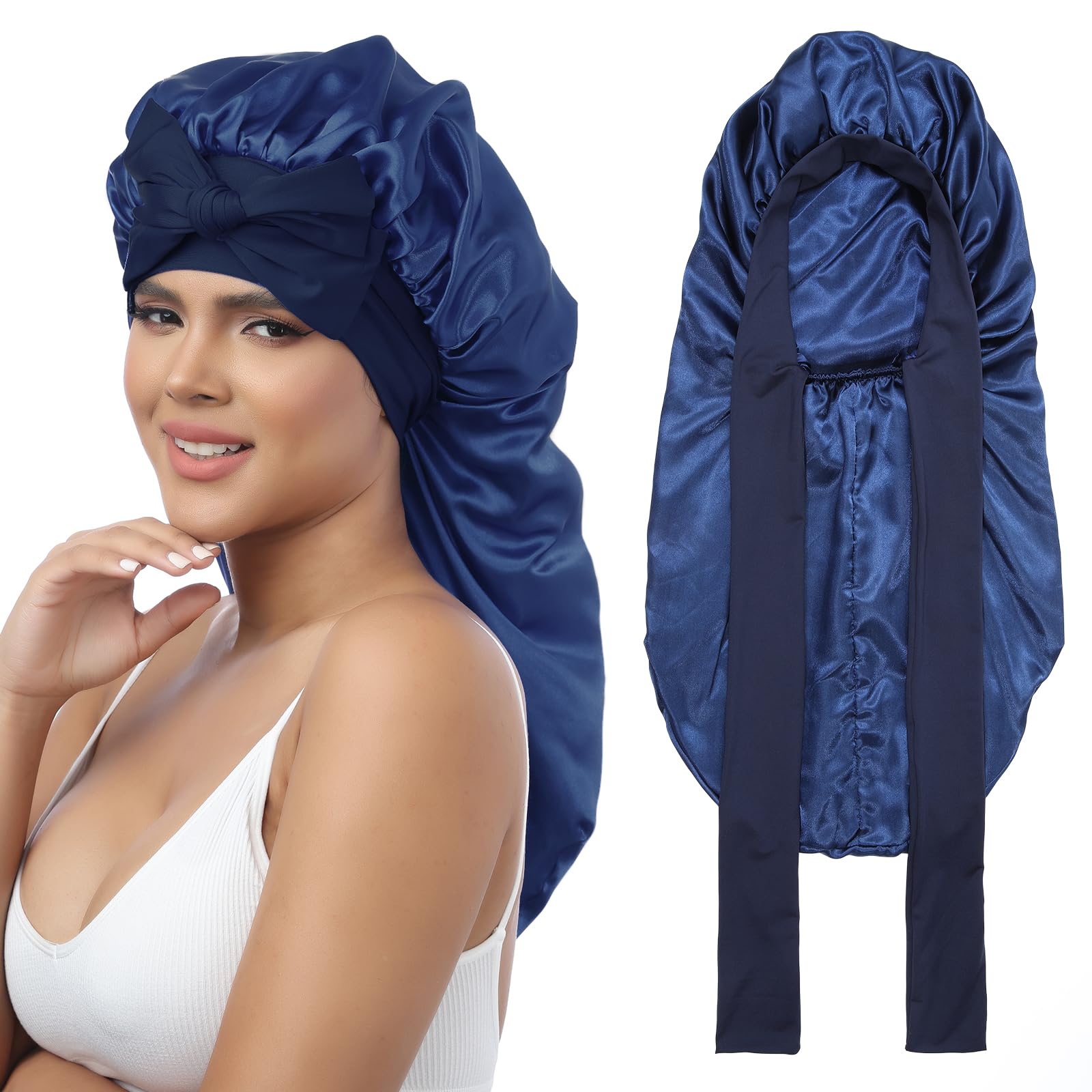AWAYTR Long Satin Bonnet for Braids - Elastic Silk Hair Bonnets for Sleeping Night Cap Stretchy Tie Band for Women(Navy Blue)