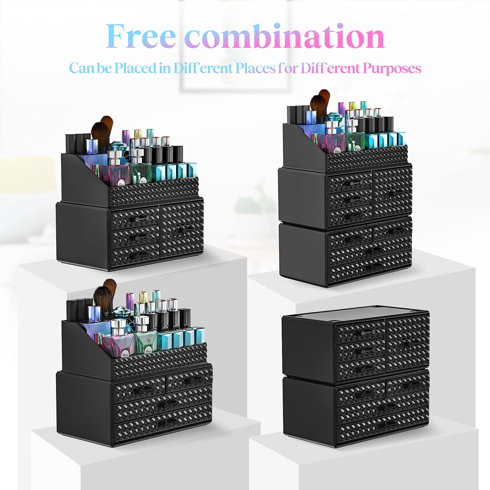 3 Pack Makeup Organizer Stackable[Upgraded], Acrylic Cosmetics Storage Cases With 8 Drawers Perfume Organizers For Brush Holder