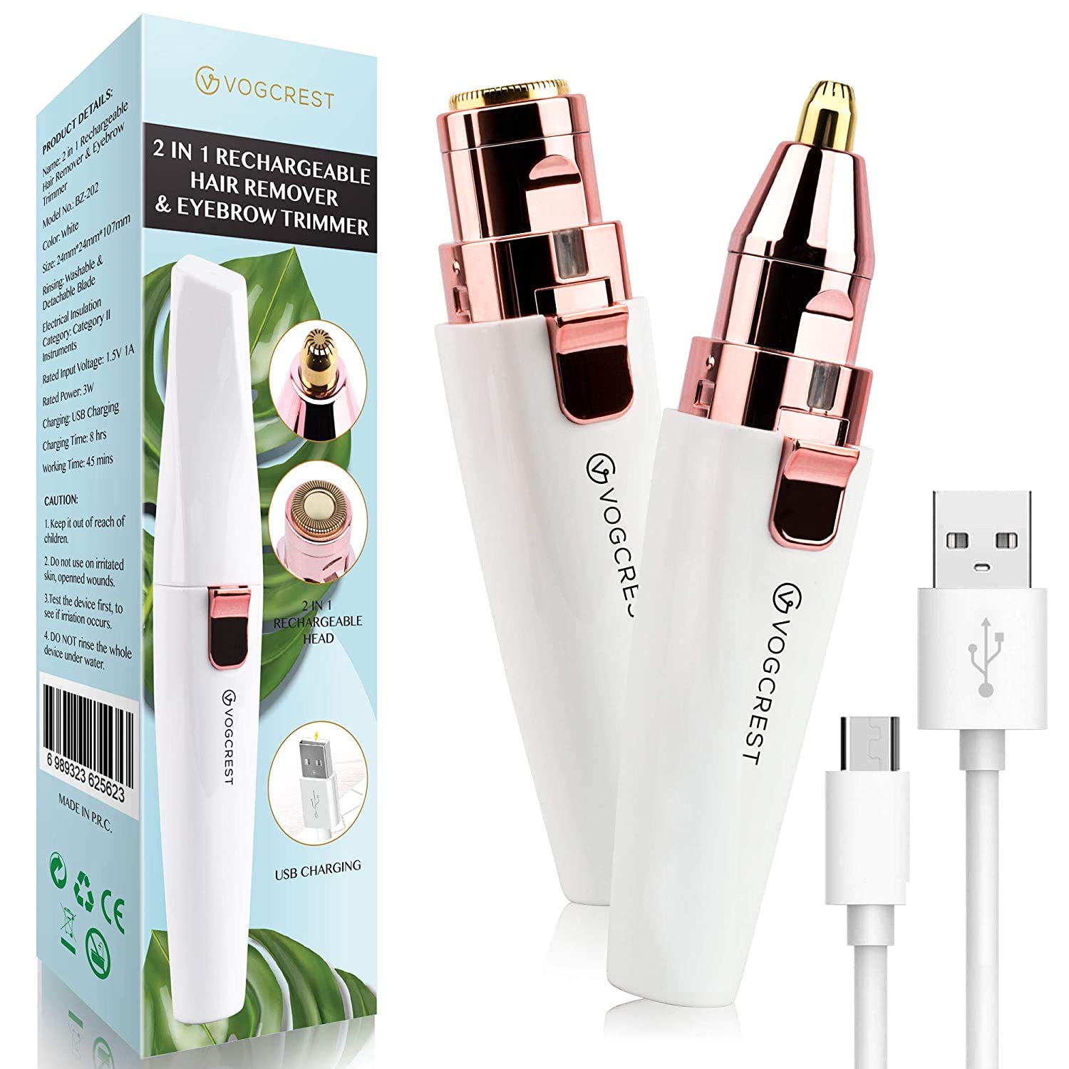 Rechargeable Eyebrow Trimmer & Facial Hair Remover for Women, 2 in 1 Eyebrow Razor and Painless Lips Body Facial Hair Removal wi