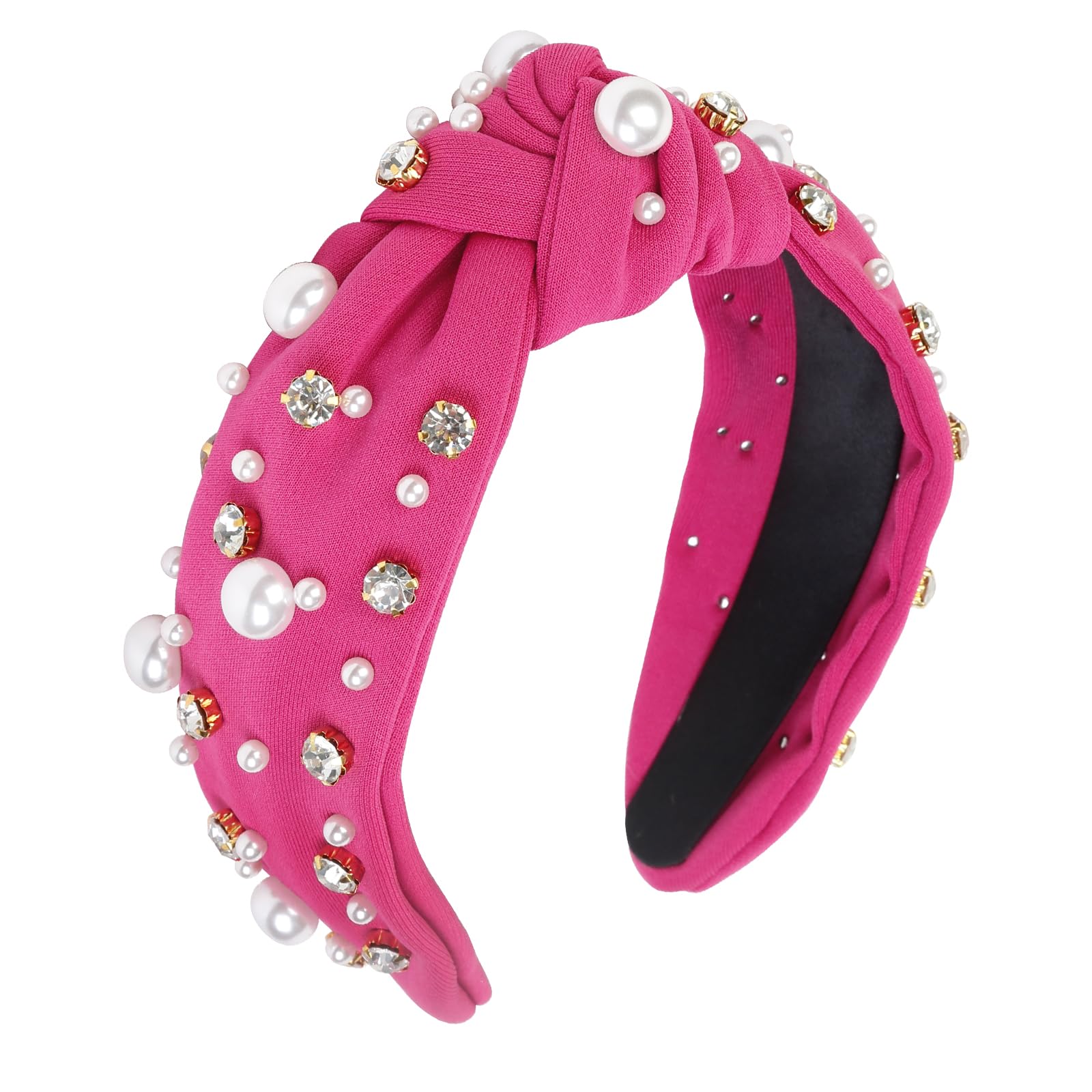 WOVOWOVO Valentine's Day Headbands for Women Girls Christmas Rose Pearl Fashion Top Knot Valentine Headband Crystal Wide Head Ba