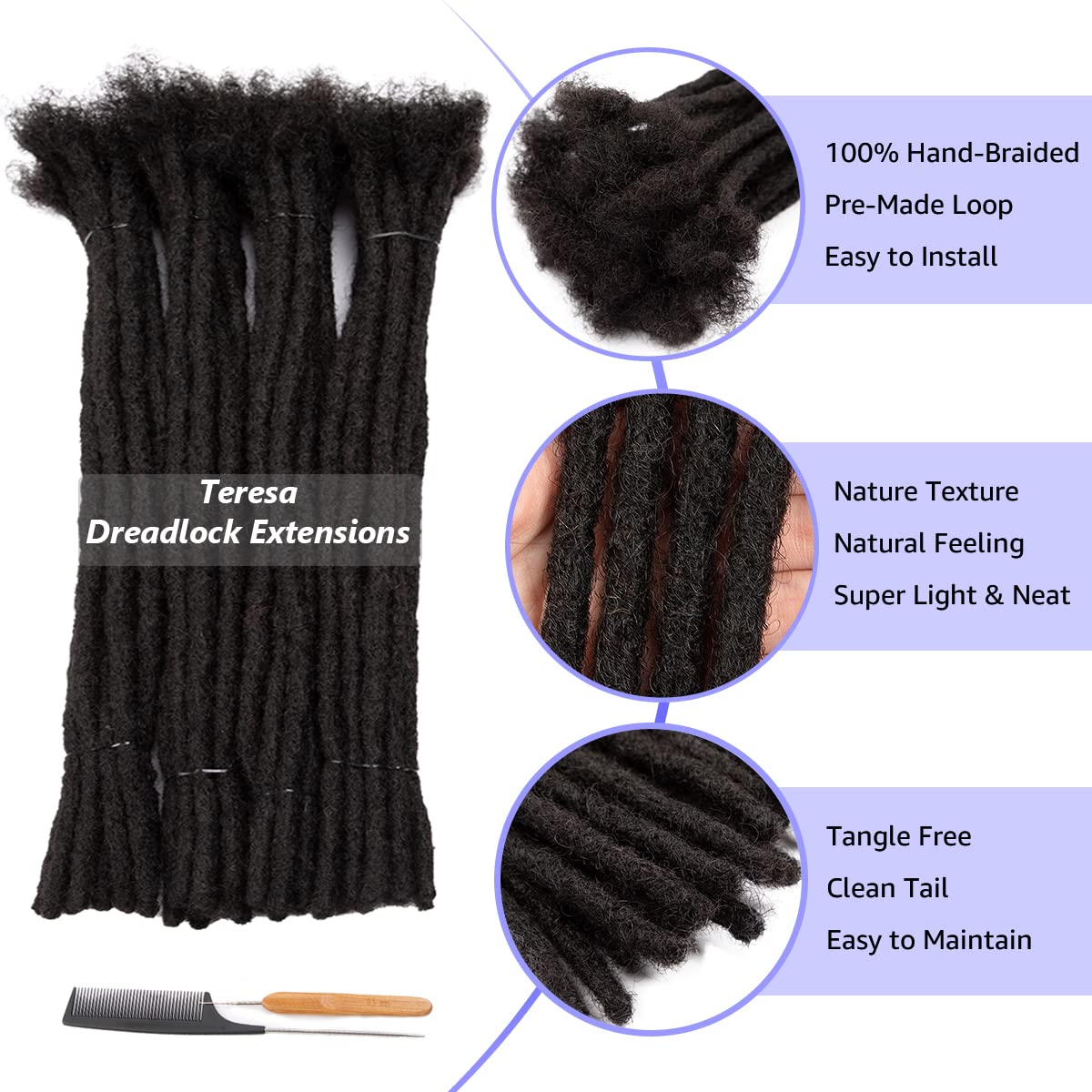 Teresa 14 Inch 40 Strands 100% Human Hair Dreadlock Extensions for Men/Women/Kids 0.8cm and 0.4cm Width Full Hand-made Permanent