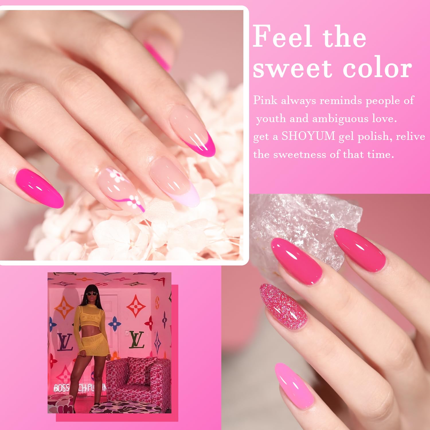 Shoyum Pink Gel Nail Polish Set, Light/Hot Pink Cherry Blossom Strawberry All Seasons Soak Off Long Lasting Romantic 10 Colors S