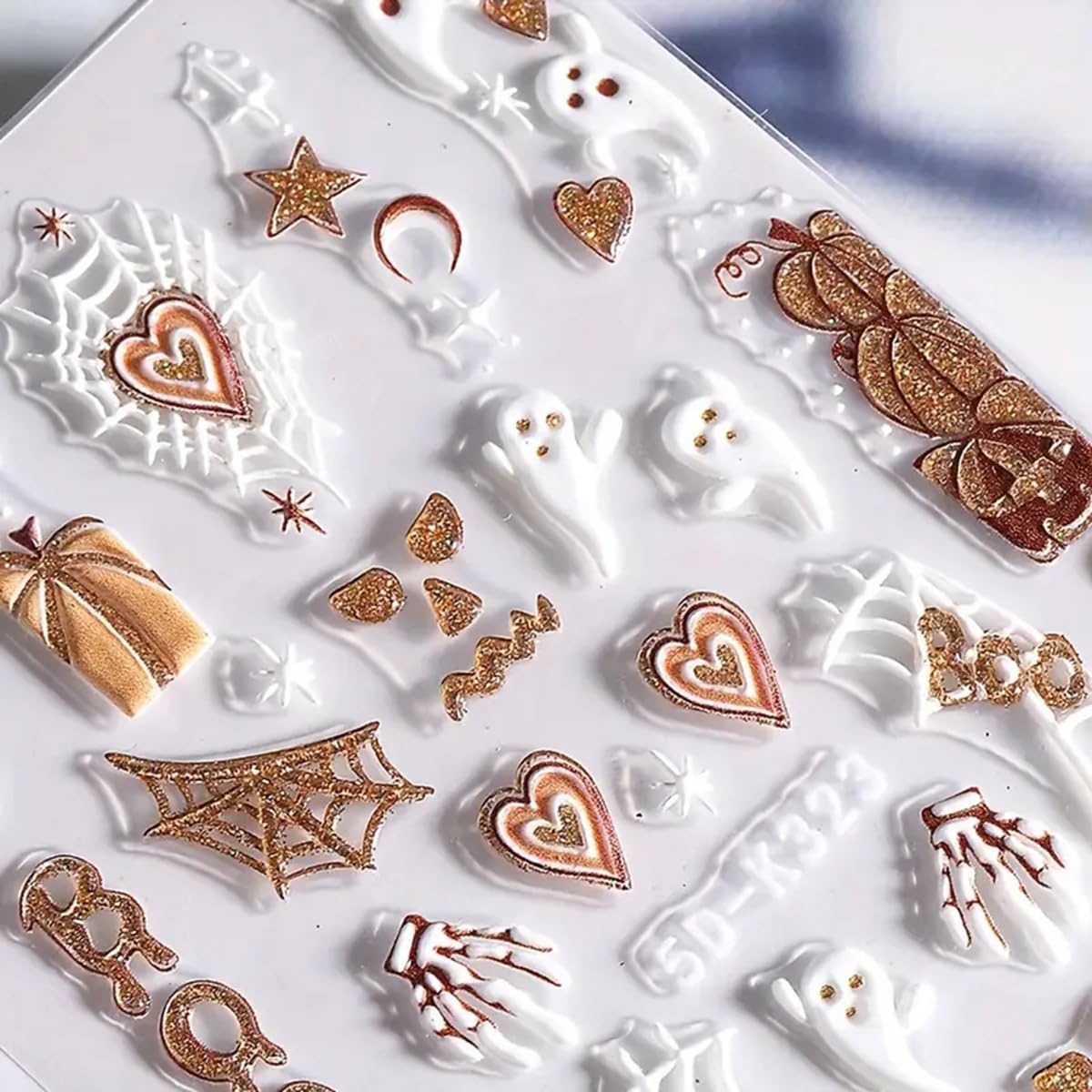Halloween Nail Art Stickers Halloween 5D Embossed Nail Decals 2Pcs Ghost Pumpkin Heart Spider Web Boo Halloween Nails Design Gli