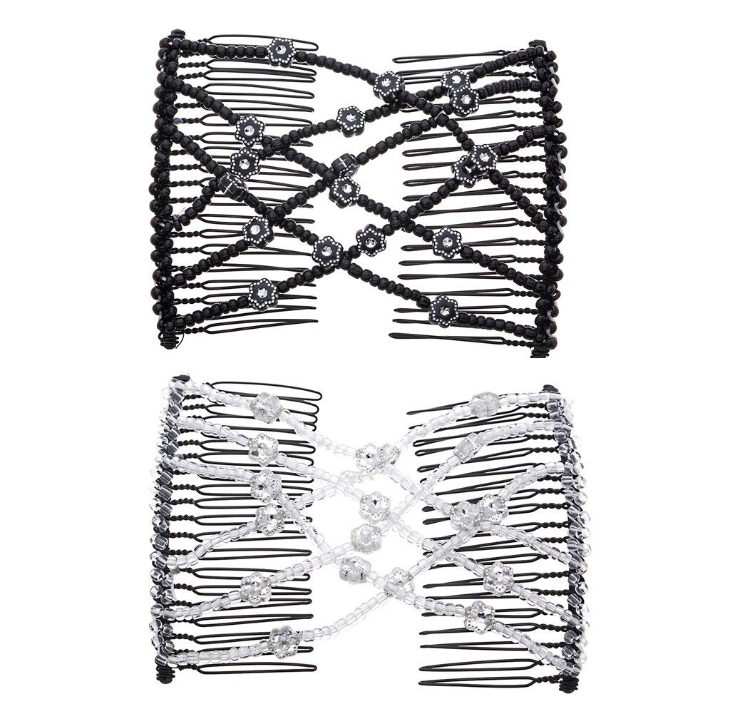 LOVEF 2Pcs Magic Hair Comb Clip for Women Girls Beaded Flower Barrette Hairpin Elastic Double Hair Combs Clips Hair Accessories