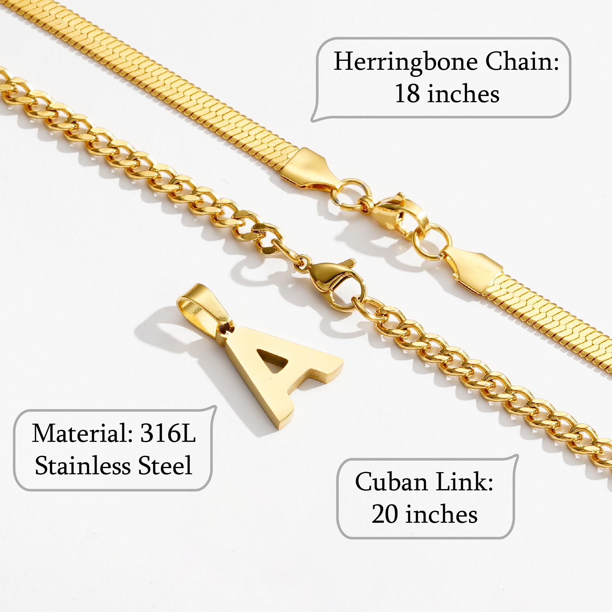 P.BLAKE Layered Initial U Pendant Necklace for Men, Stainless Steel Letter Cuban Link Herringbone Chain Jewelry Collar Cadenas P