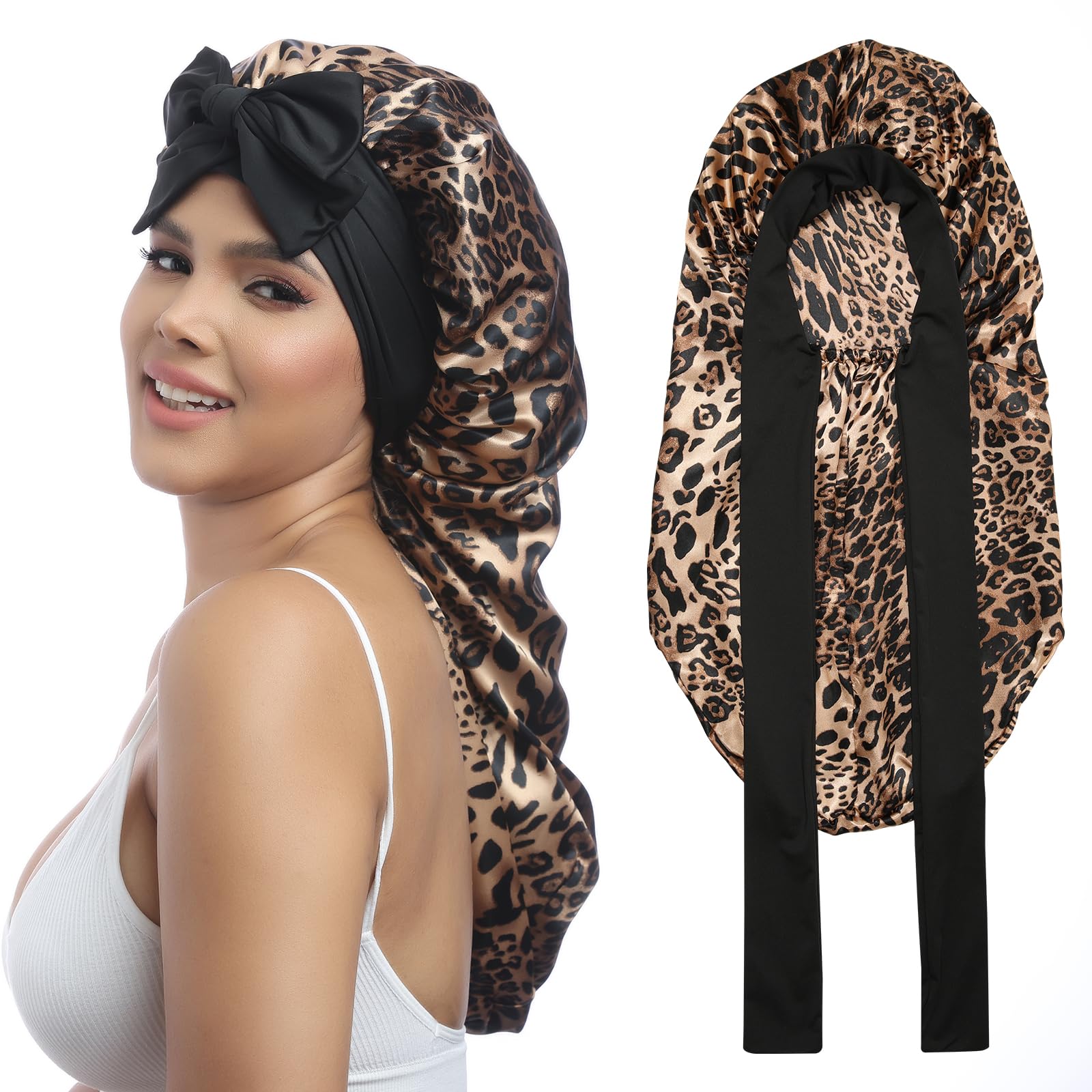 AWAYTR Long Satin Bonnet for Braids - Elastic Silk Hair Bonnets for Sleeping Night Cap Stretchy Tie Band for Women(Leopard)