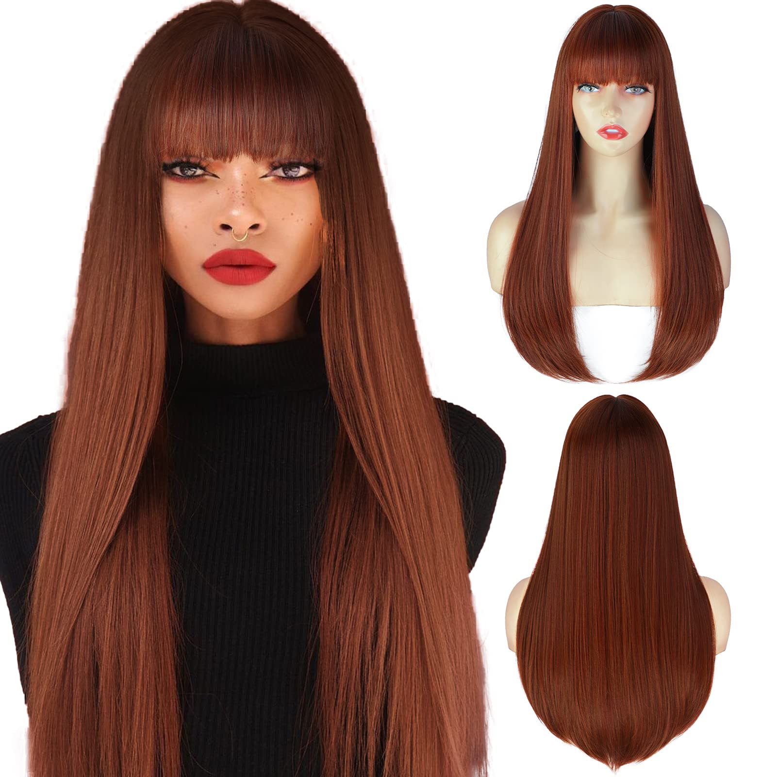 ENTRANCED STYLES Auburn Wigs for Women Long Straight Wig with Bangs Reddish Brown Wig Colored Cosplay Wig Heat Resistant Synthet