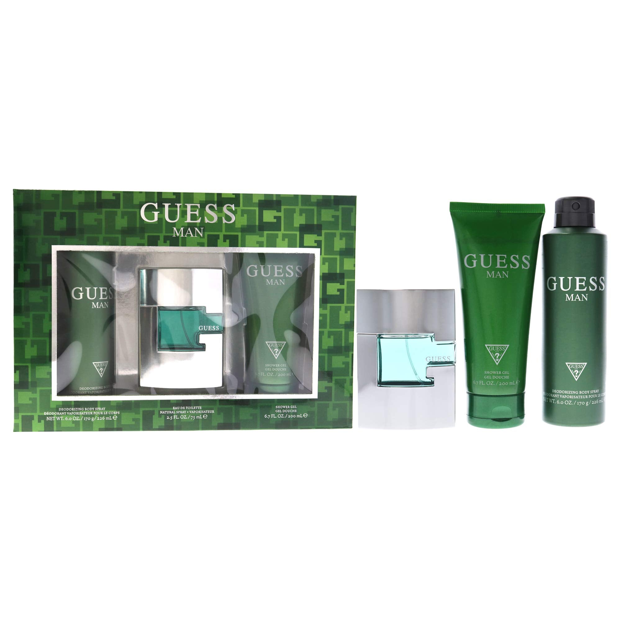 Guess Man 3 Pc Gift Set 2.5Oz Edt Spray, 6Oz Deodorizing Body Spray, 6.7Oz Shower Gel Giftset