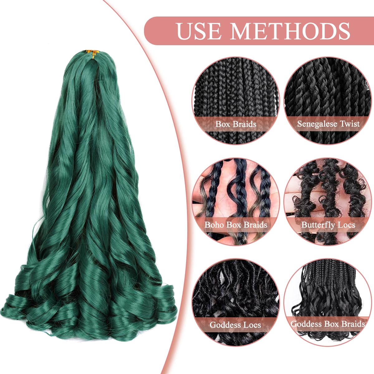 French Curly Braiding Hair 16 Inch Green Curly Braiding Hair 8 Pack 75G/Pack Loose Wavy French Curl Braids Hair Extension Pre St