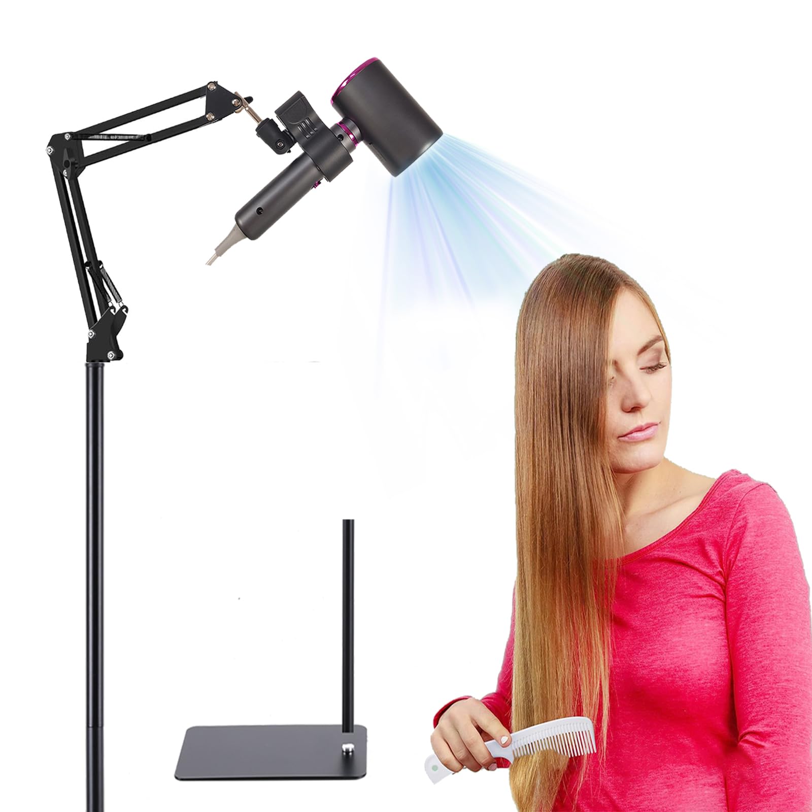 Femeoum Hair Dryer Stand Holder, 360° Adjustable, Hands-Free Clip, Metal, Black, Suitable for 99% Hair Dryers, Model 1
