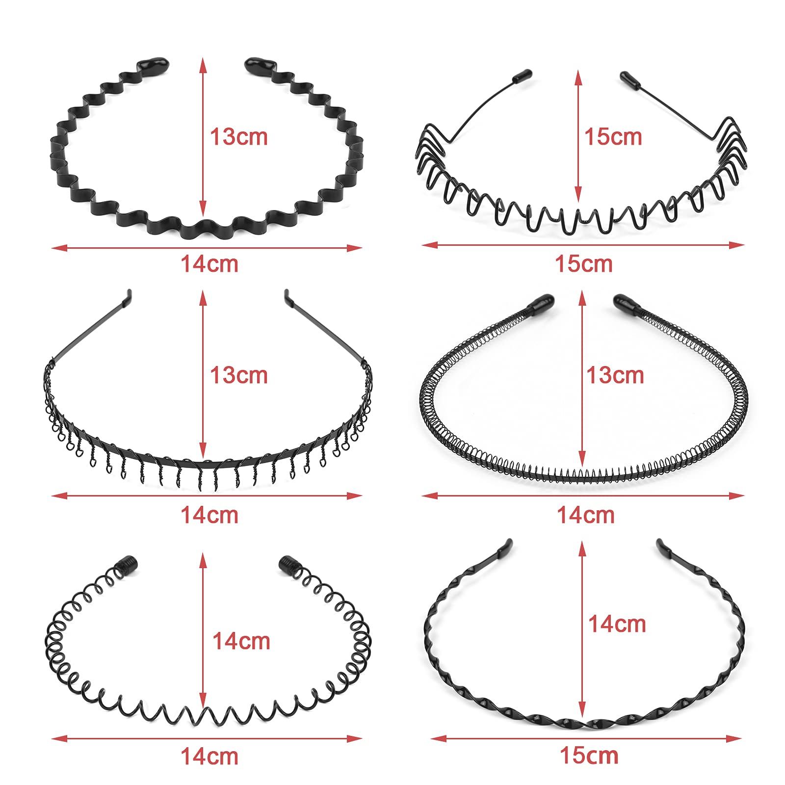 URAQT Metal Headbands, 6 Pcs Fashion Unisex Black Spring Wavy Headwear Hair Hoop for Men Women, Non-slip Sports Hairband Metal H