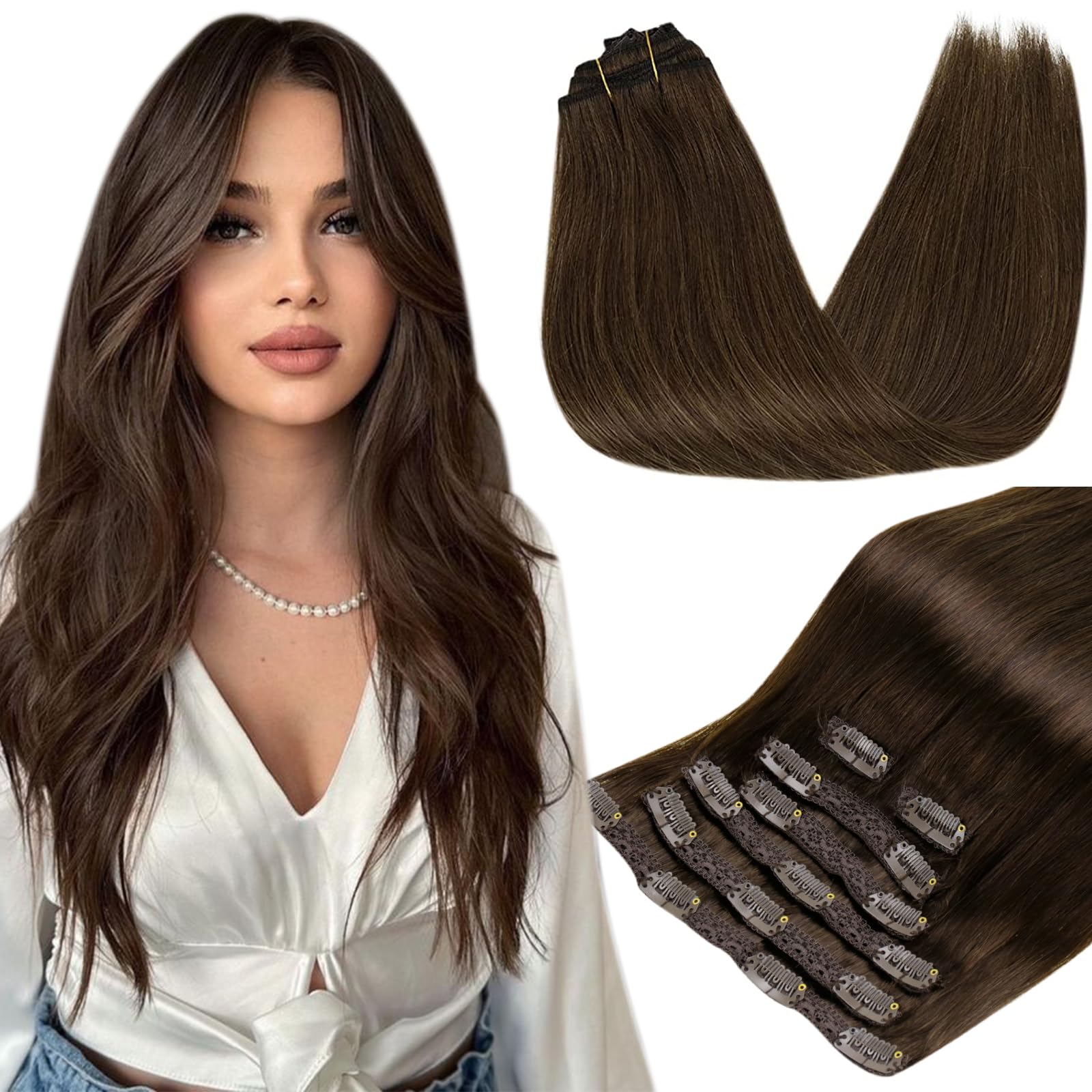 RUNATURE 22 Inch Clip in Hair Extensions Human Hair Chocolate Brown Hair Extensions Clip in Human Hair Extensions for Long Hair 