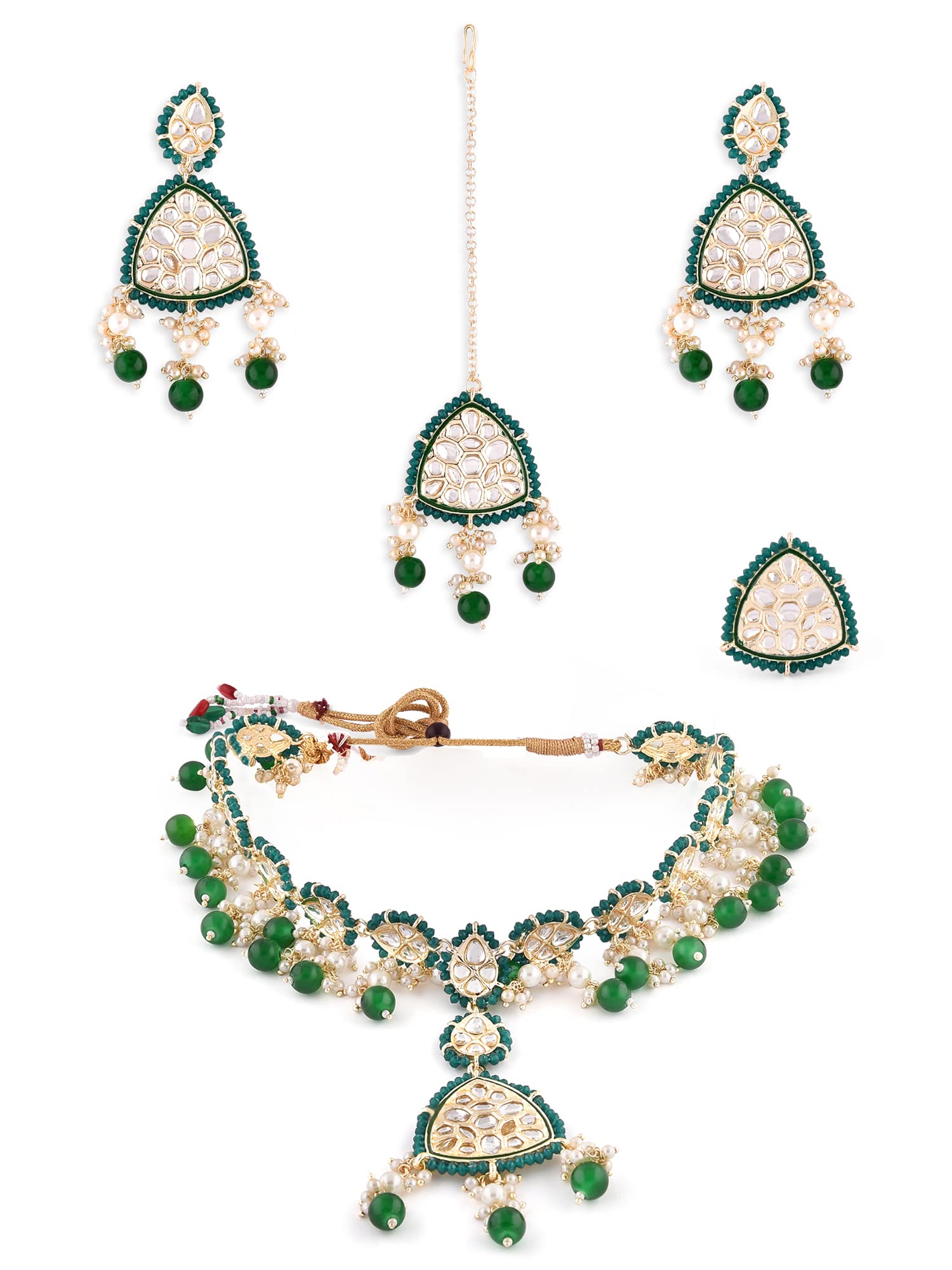 Zaveri Pearls Green Beaded Dazzling Kundan Necklace Earring Maangtikka & Ring Set For WomenZpfk13608