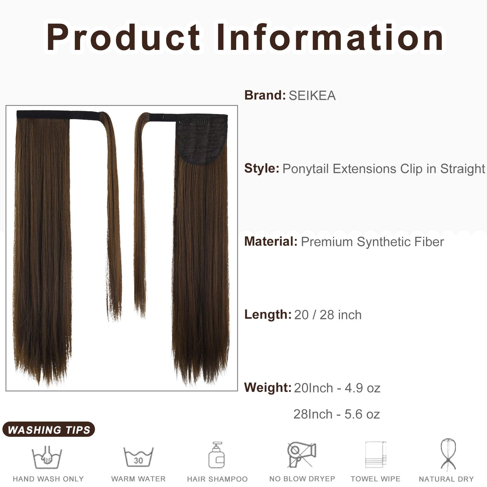 SEIKEA 28 Inch Clip in Ponytail Extension Wrap Around Long Straight Pony Tail Hair Synthetic Hairpiece for Women Dark Brown with