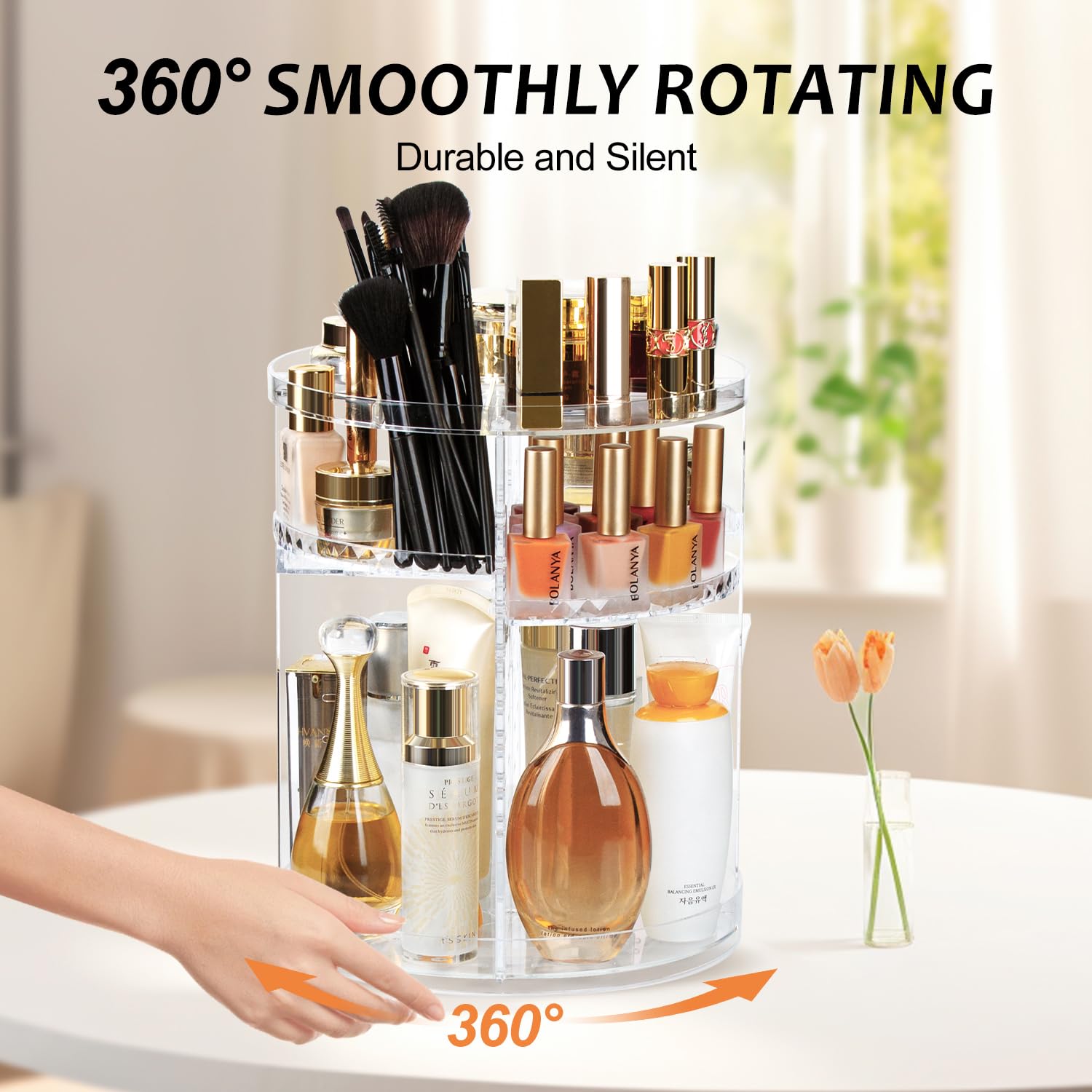Ameitech Rotating Makeup Organizer, 360 Spinning Skincare Organizers, 8 Adjustable Layer Cosmetic Storage Case With Brush Holder