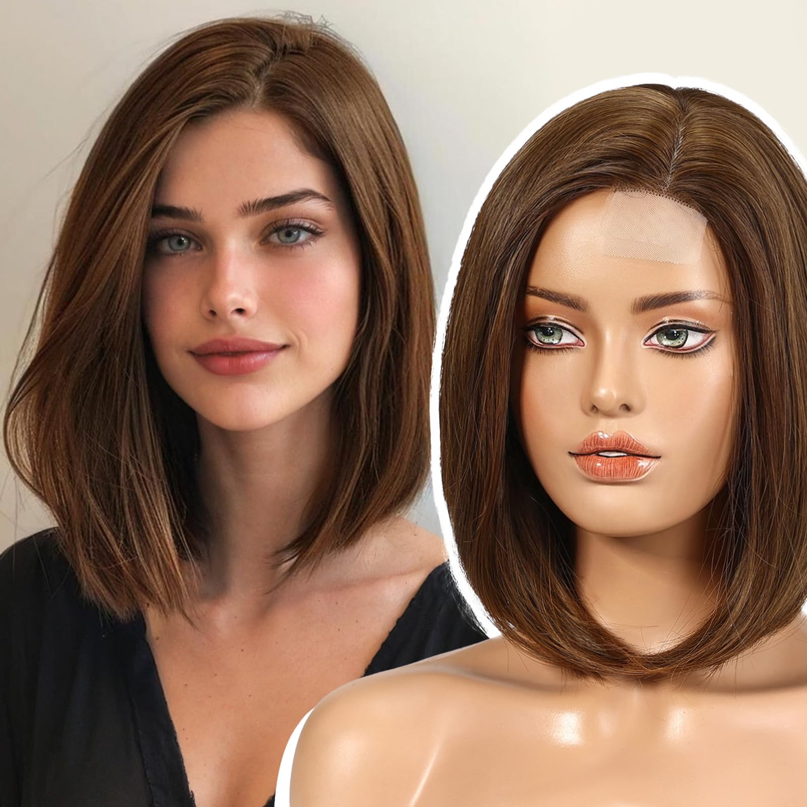 EMMOR Short Bob Wigs,Natural Shoulder Length Central Lace Bob Wgs, Premium Heat-Resistant Synthetic Straight Wigs for Women Dail