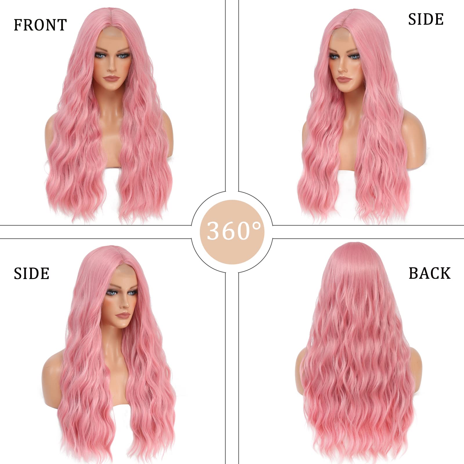 Ybymcai Pink Wig - Long Pink Wavy Wigs For Women Middle Part Pastel Pink Wig 26 Inch Natural Curly Synthetic Wig Heat Resistant