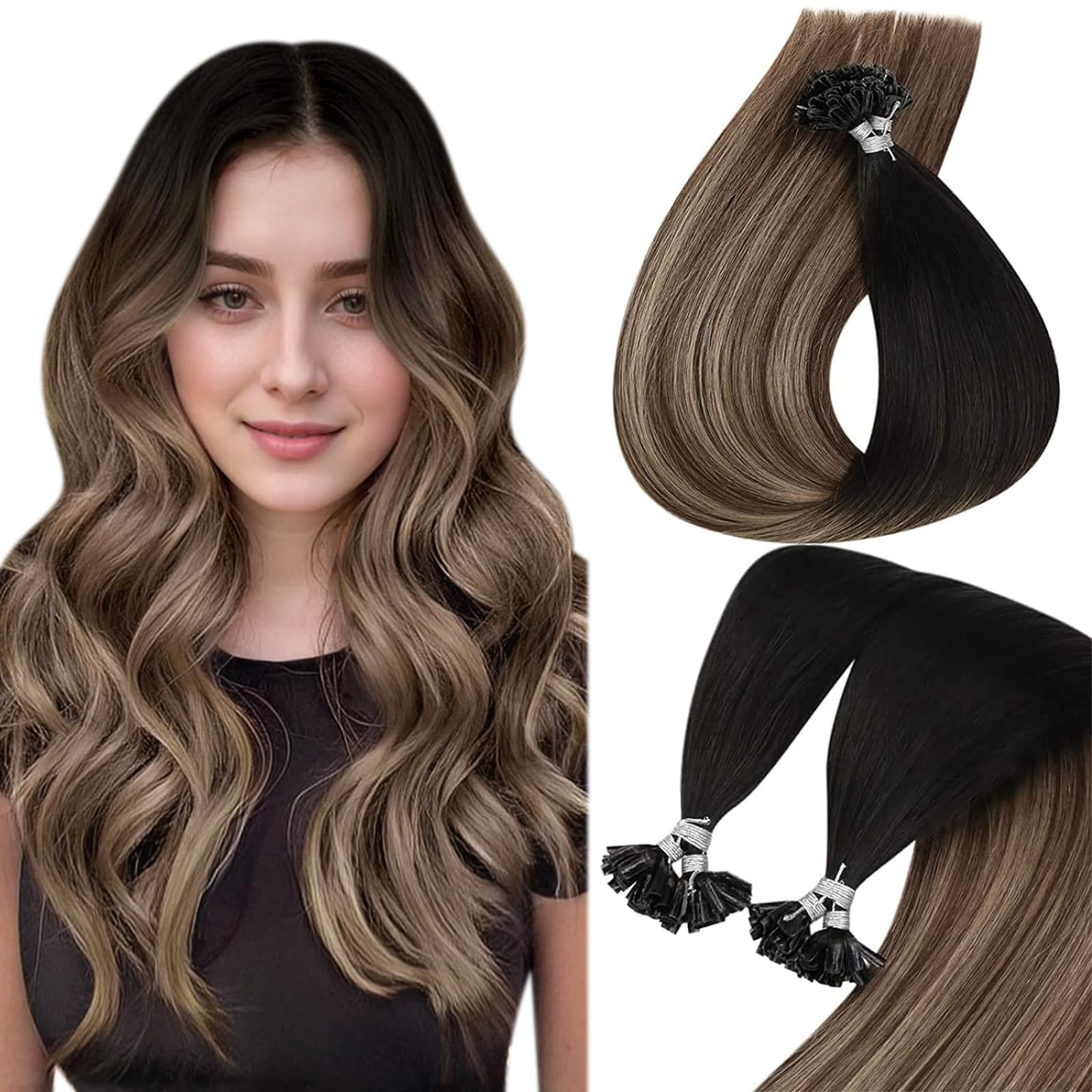 Sunny Utip Hair Extensions Black Ombre Keratin Human Hair Extensions Black Ombre Dark Brown With Ash Blonde Balayage Pre Bonded 