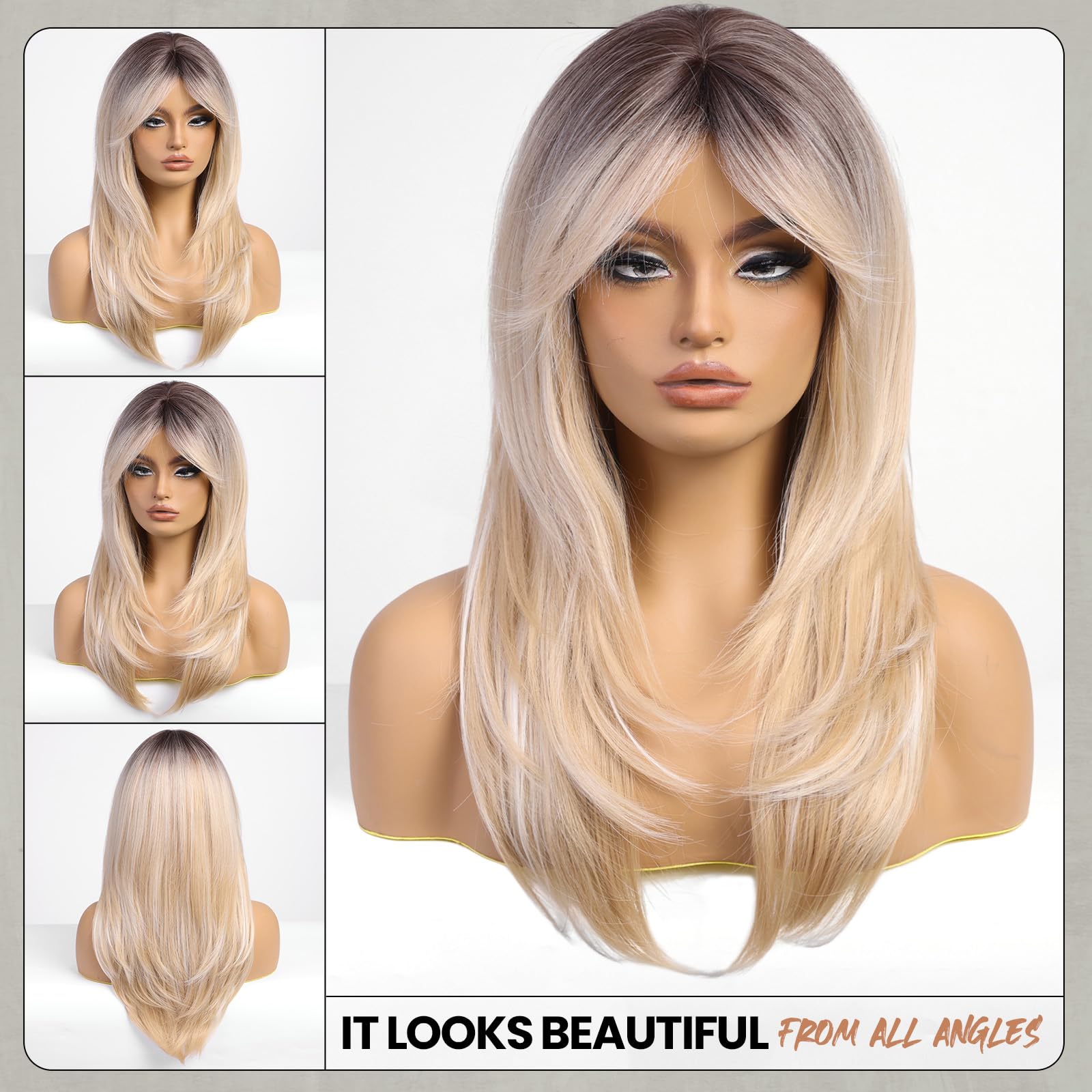 Emmor Blonde Wigs For Women,Long Layered Wigs With Curtain Bangs Heat Resistant Synthetic Fibre Wigs(Ombre Blonde)
